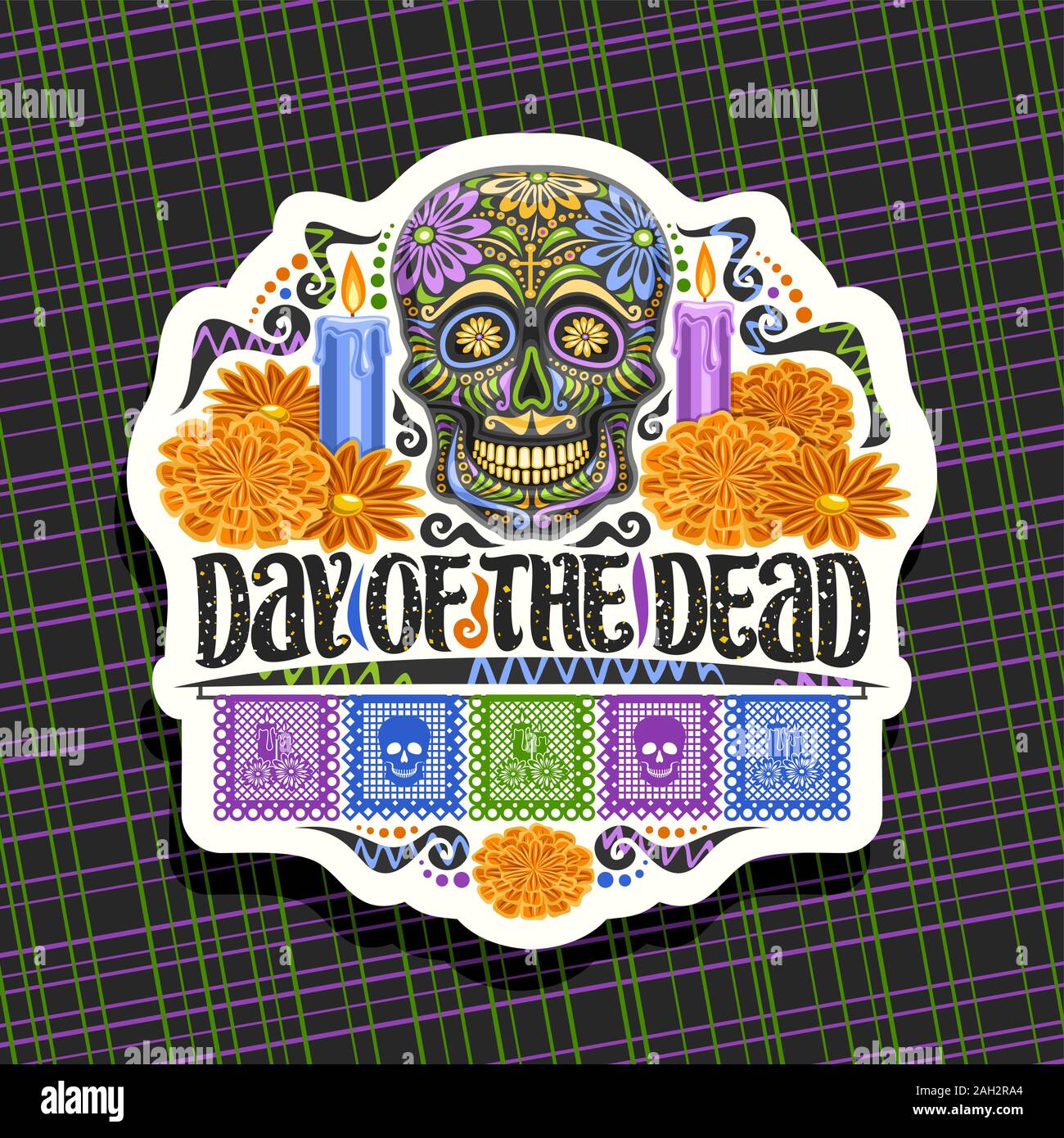 Vektor Logo zum Tag der Toten, weiß dekorative Namensschild mit Abbildung: schwarz scary Schädel, brennende Kerzen, orange Blumen, bunten Gruß fla Stock Vektor