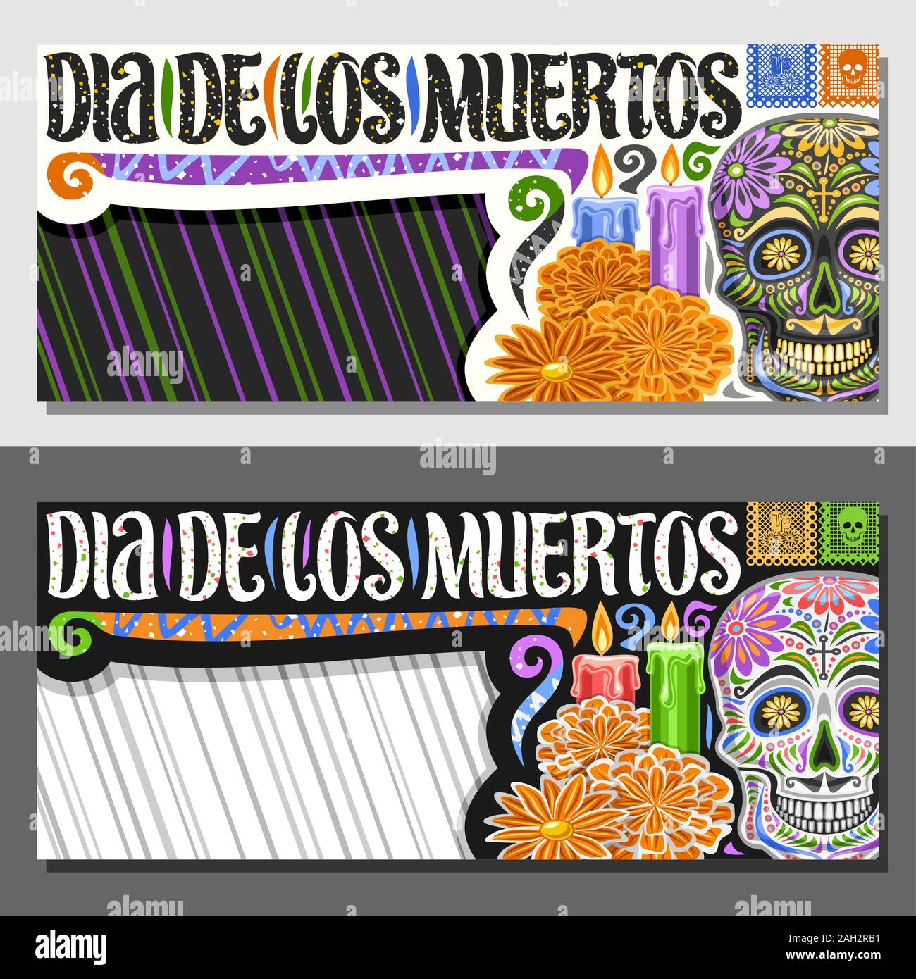 Vektor Layouts für Dia de los Muertos mit Kopie Raum, dekorativen Gutschein mit Abbildung: gruselige Schädel, orange Blumen, horizontale Grußkarte w Stock Vektor