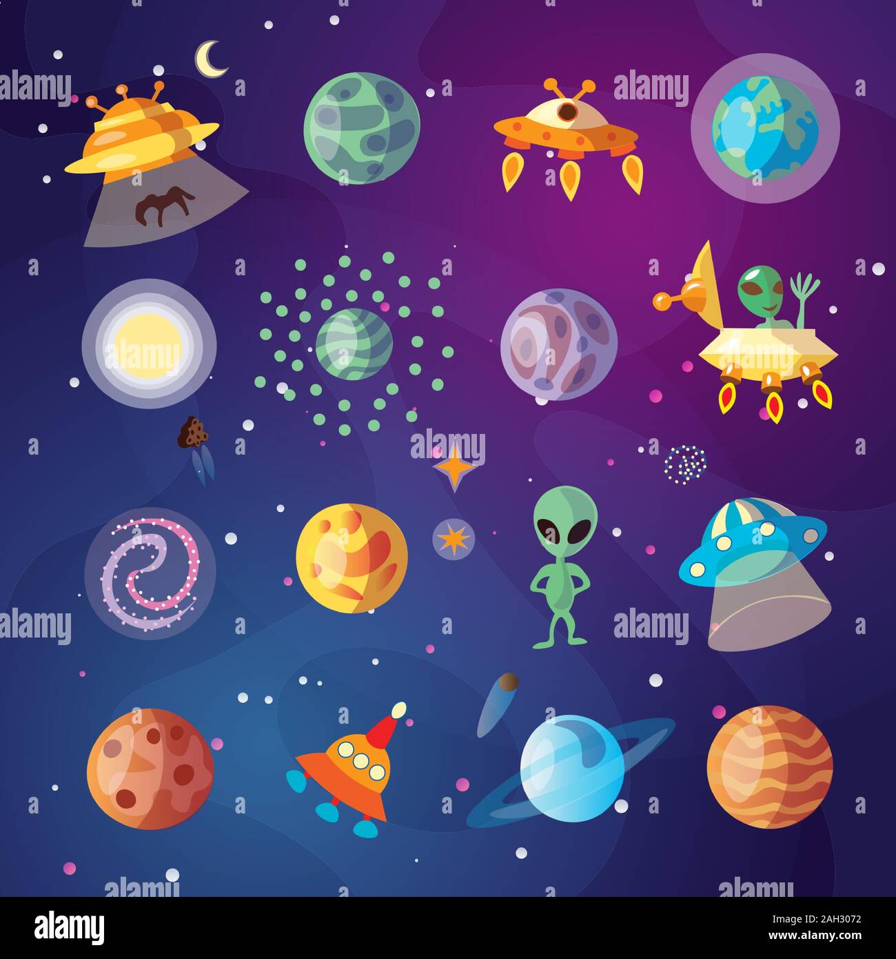 Cute cartoon Space Explorer, Astronomie Wissenschaft und UFO-Vektor einrichten. Lunar Rover, Planeten, Raketen, Raum Objekte und Aliens auf cosmos Hintergrund. Raum Stock Vektor