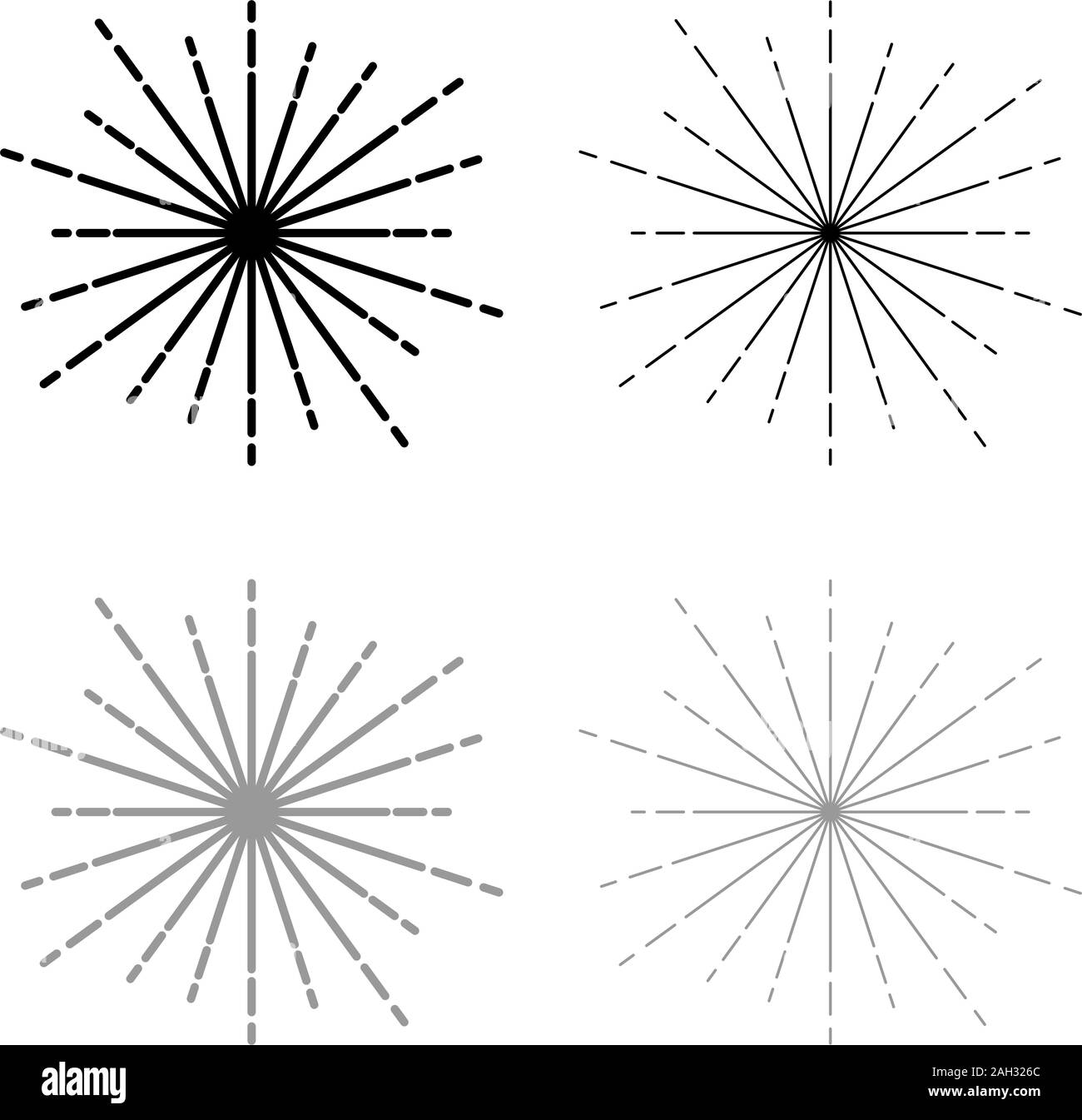 Sunburst Feuerwerk strahlen Radial Strahl Linien Funkeln Glasur Flare Starburst konzentrischen Ausstrahlung Linien Symbol Umrisse Set schwarz Farbe grau Vektor Stock Vektor