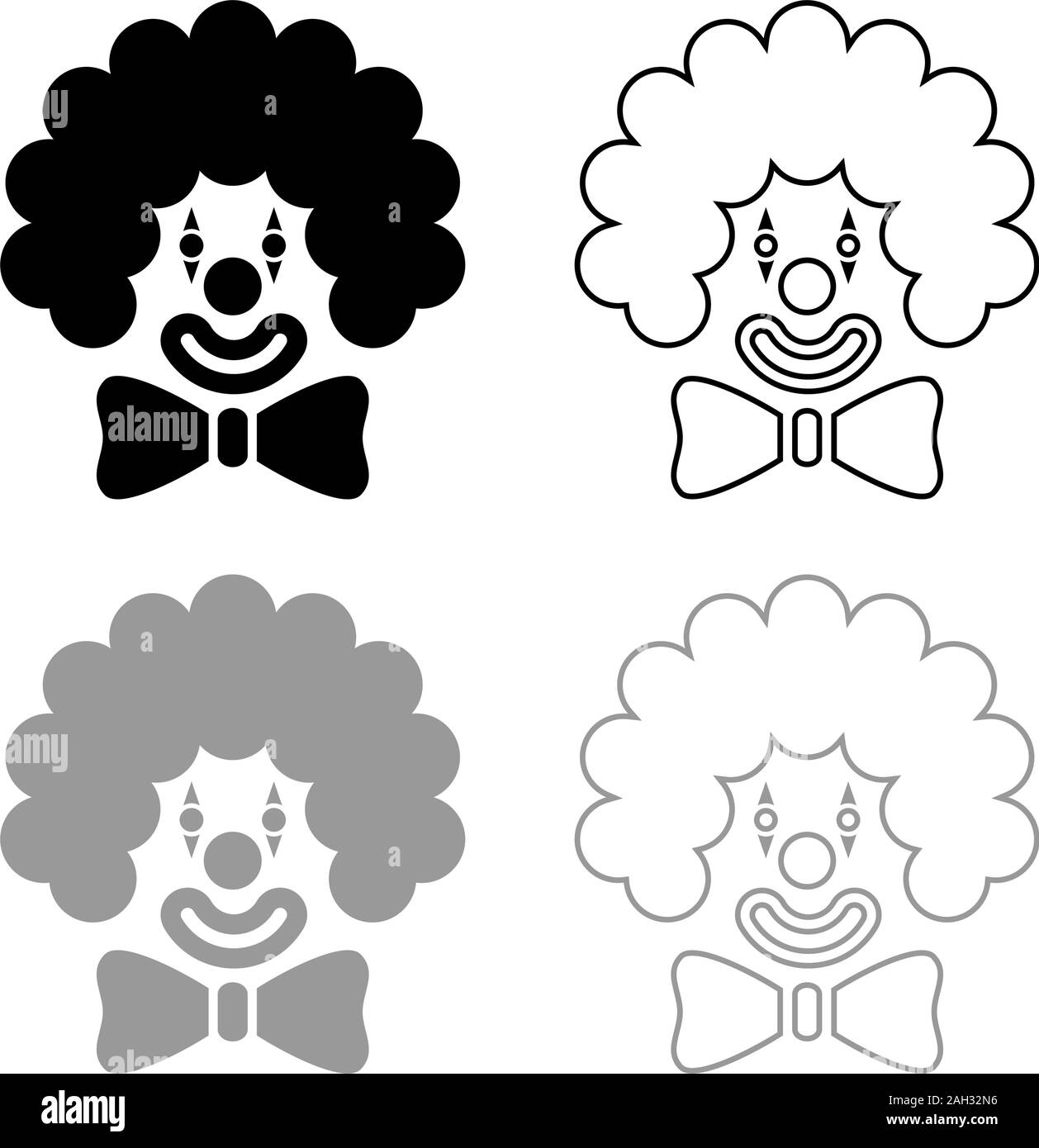 Clown Gesicht Kopf mit großen Bogen und lockiges Haar Circus Karneval lustiges Konzept Symbol Kontur laden Set schwarz Farbe grau Vektor-illustration Flat Style Stock Vektor