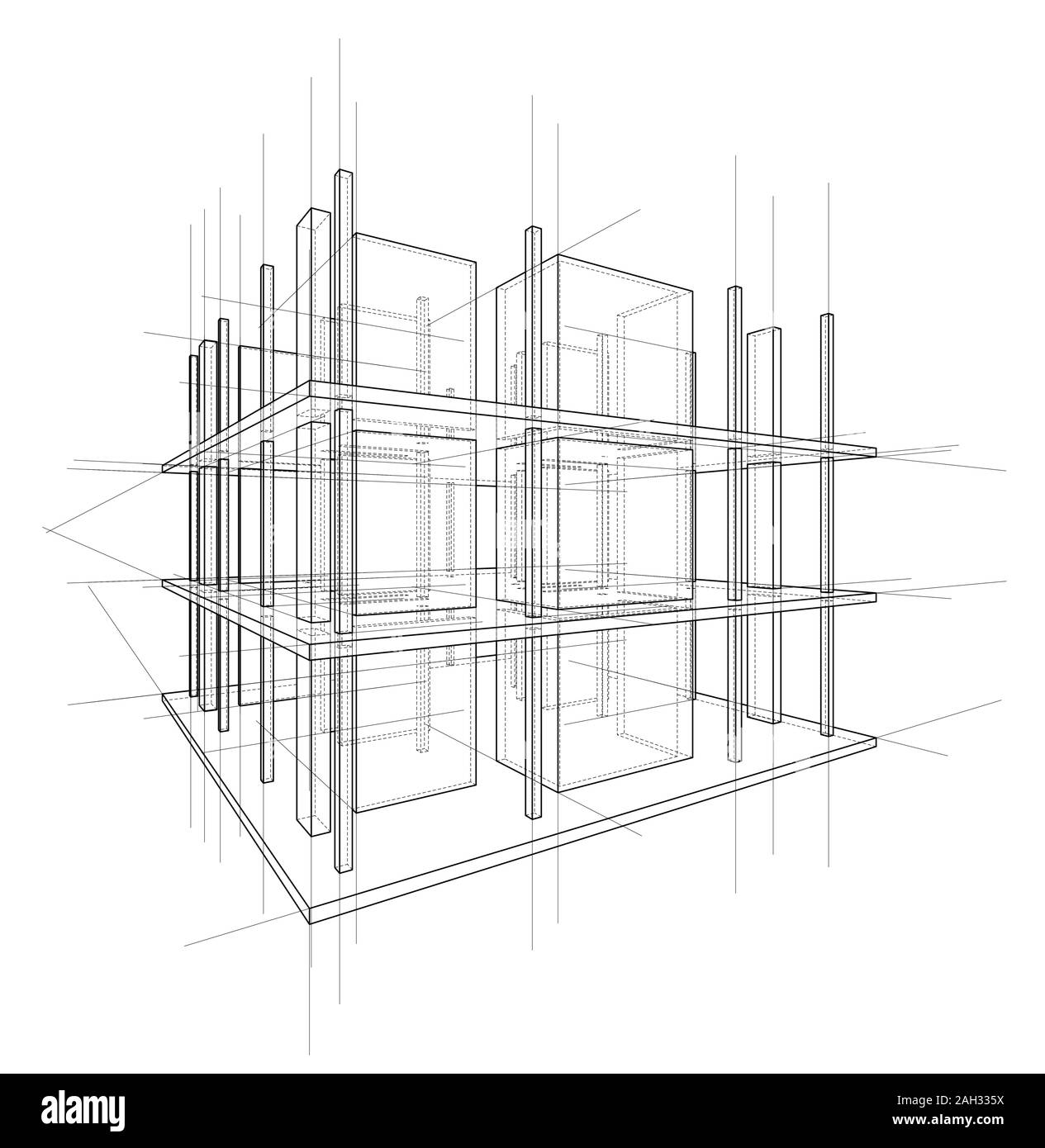 Zeichnung oder Skizze von einem Haus im Bau. Baustelle. Main Line, Kontur und Hilfslinien. Vektor aus 3d. Stock Vektor