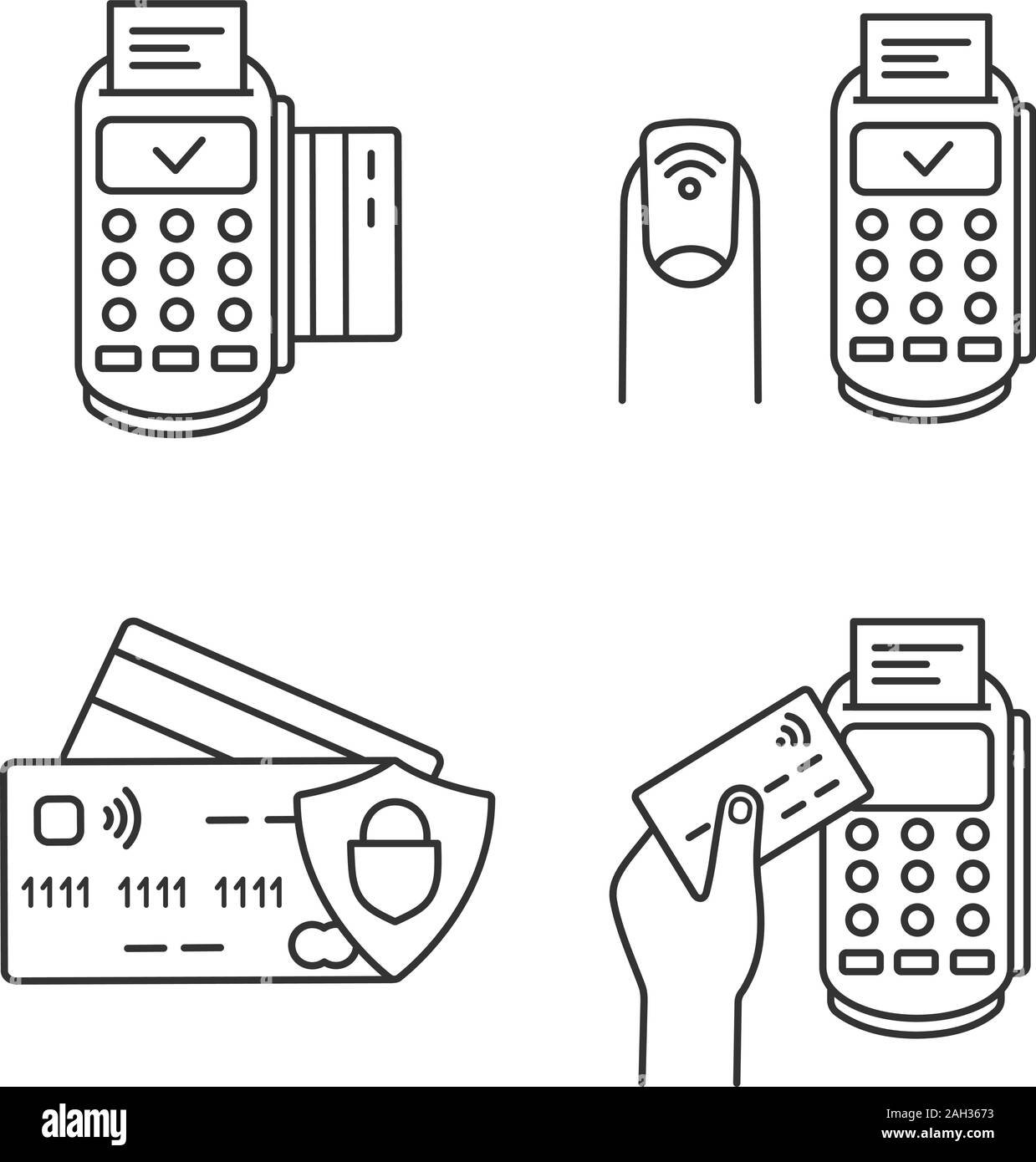 NFC payment lineare Symbole gesetzt. POS-Terminal, NFC Maniküre, Kreditkarten. Thin Line Kontur Symbole. Isolierte vektor Kontur Illustrationen. Editierbare str Stock Vektor