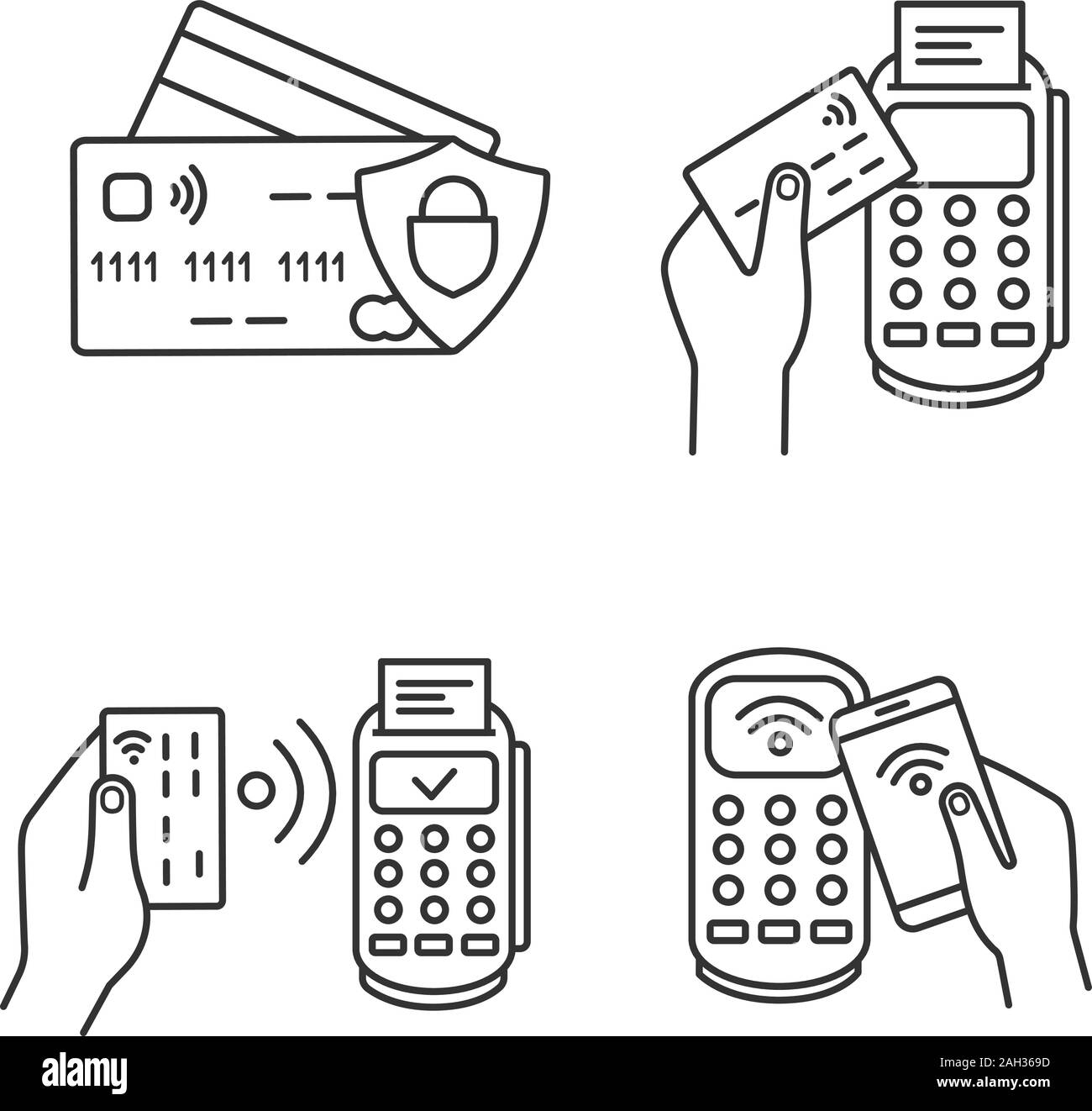 NFC payment lineare Symbole gesetzt. Kreditkarten, POS-Terminal, Pay mit Smartphone. Thin Line Kontur Symbole. Isolierte vektor Kontur Illustrationen. Edita Stock Vektor