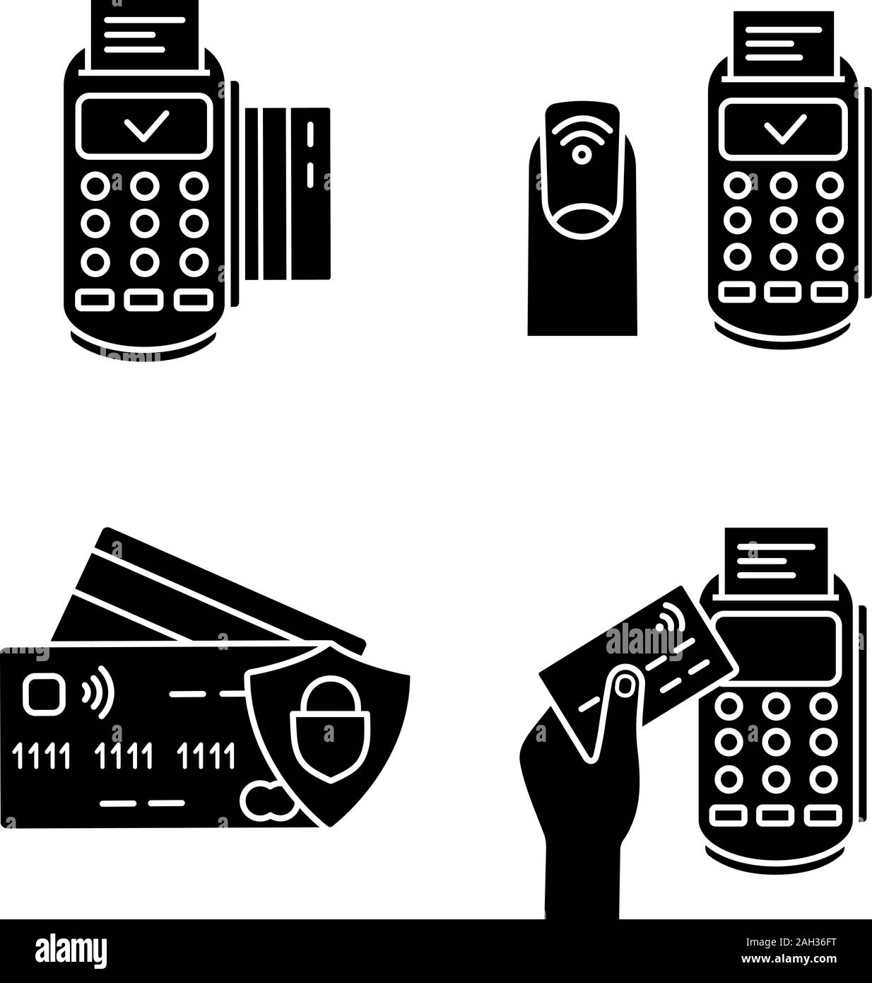 NFC payment Glyphe Symbole gesetzt. POS-Terminal, NFC Maniküre, Kreditkarten. Silhouette Symbole. Vektor isoliert Abbildung Stock Vektor