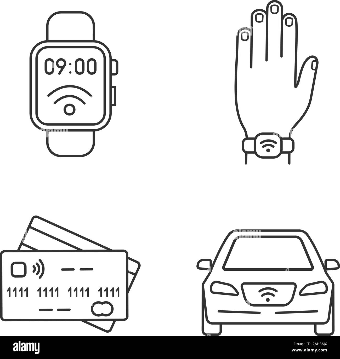 NFC-Technologie lineare Symbole gesetzt. In der Nähe von Feld erobert, Armband, Kreditkarten, Auto. Thin Line Kontur Symbole. Isolierte vektor Kontur Illustrationen. Stock Vektor