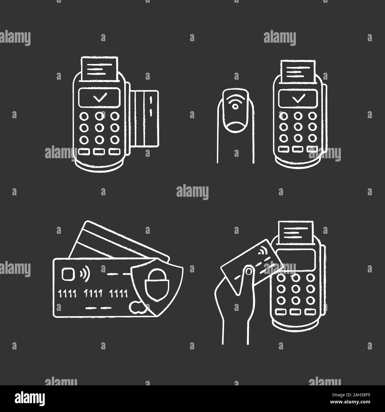 NFC payment Chalk Symbole gesetzt. POS-Terminal, NFC Maniküre, Kreditkarten. Isolierte vektor Tafel Abbildungen Stock Vektor