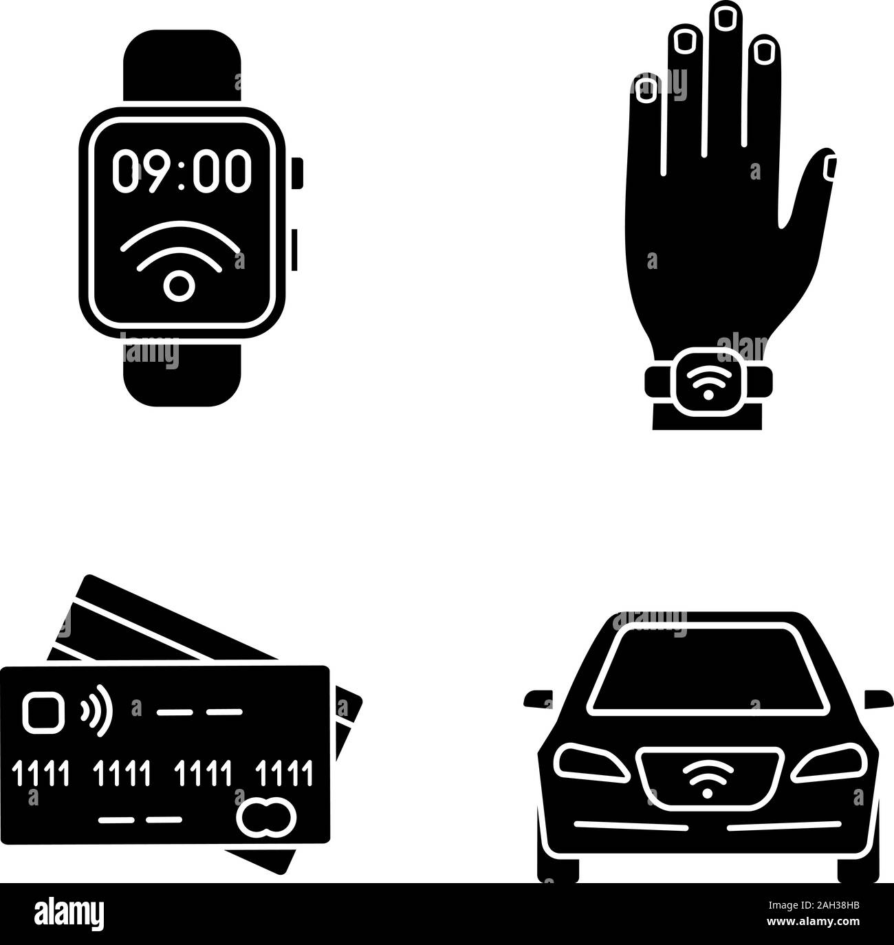 NFC-Technologie Glyphe Symbole gesetzt. In der Nähe von Feld erobert, Armband, Kreditkarten, Auto. Silhouette Symbole. Vektor isoliert Abbildung Stock Vektor