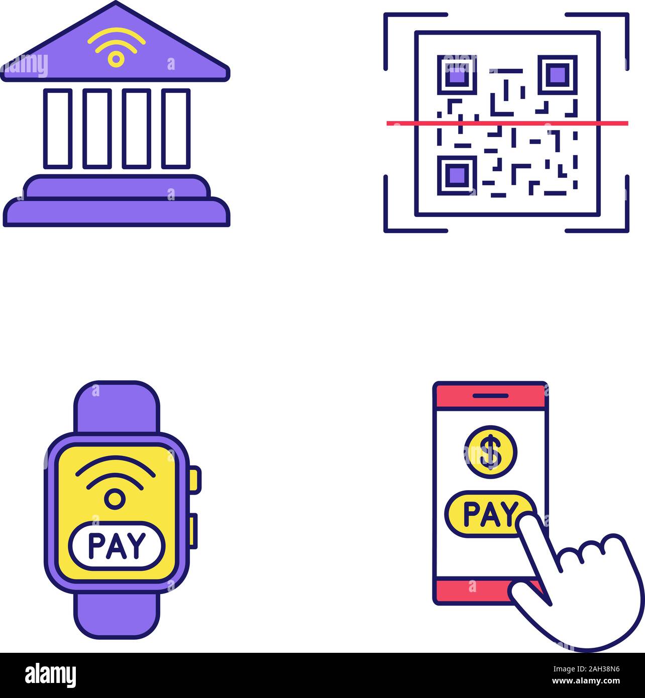 EPayment farbige Symbole gesetzt. Online Banking, QRCode scanner, NFC