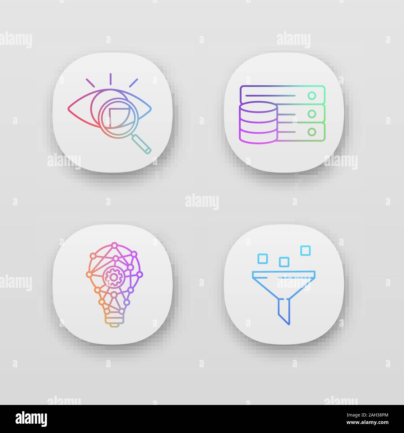 Machine Learning App Icons einstellen. Retina scan, Datenbank, Innovationsprozess, Filtern von Daten. UI/UX-Benutzeroberfläche. Web oder mobile Anwendungen. Vektor ist Stock Vektor