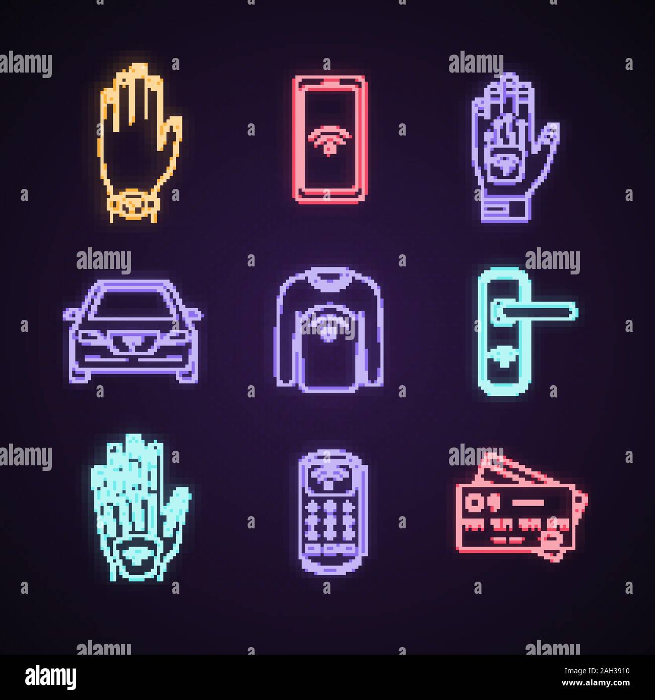 NFC-Technik Neon Licht Symbole gesetzt. In der Nähe von Feld Armband,  Smartphone, hand Implantat, Auto, Kleidung, Türverriegelung, POS-Terminal,  Kreditkarte. Leuchtende Zeichen Stock-Vektorgrafik - Alamy