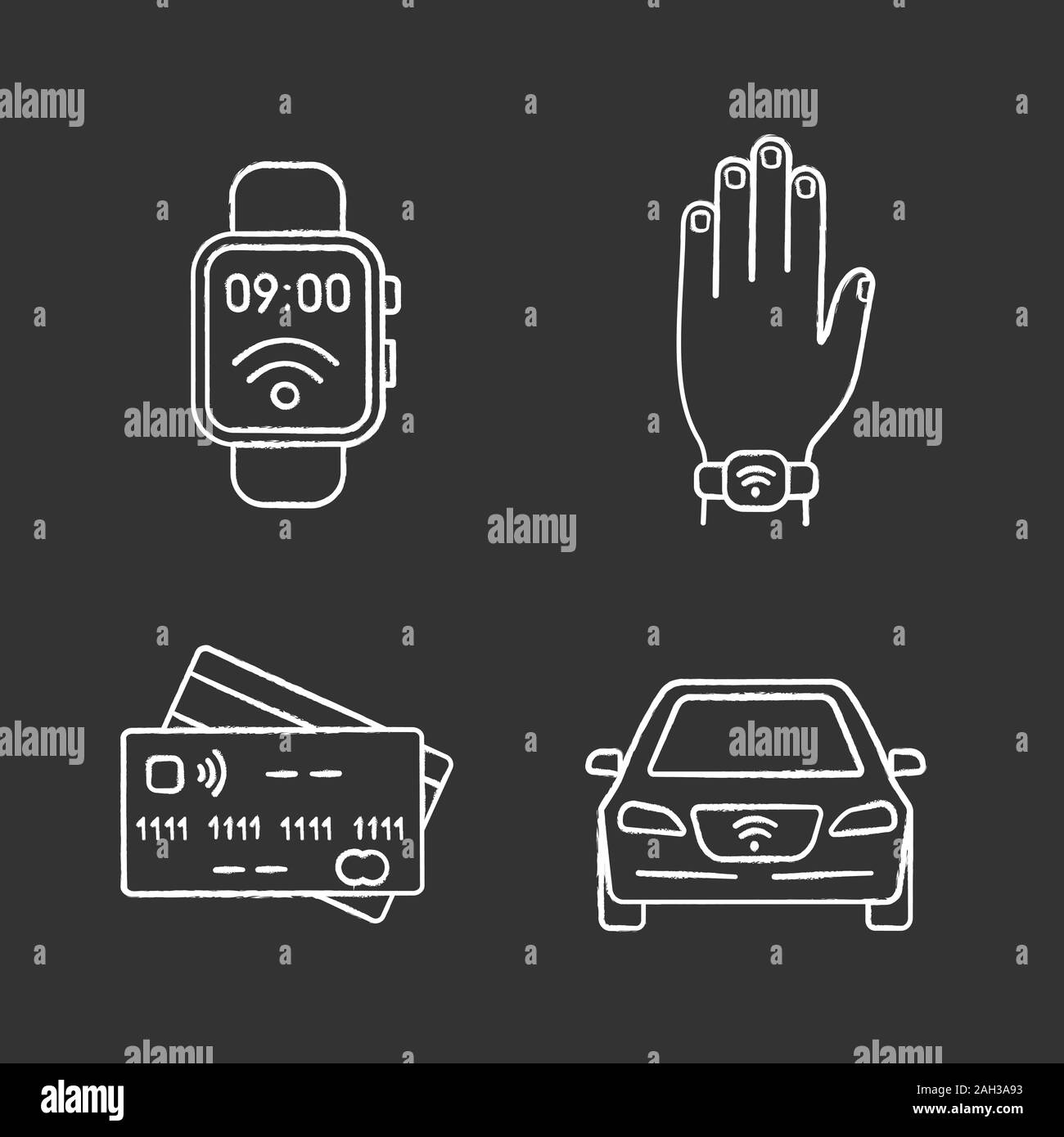 NFC-Technologie chalk Symbole gesetzt. In der Nähe von Feld erobert, Armband, Kreditkarten, Auto. Isolierte vektor Tafel Abbildungen Stock Vektor