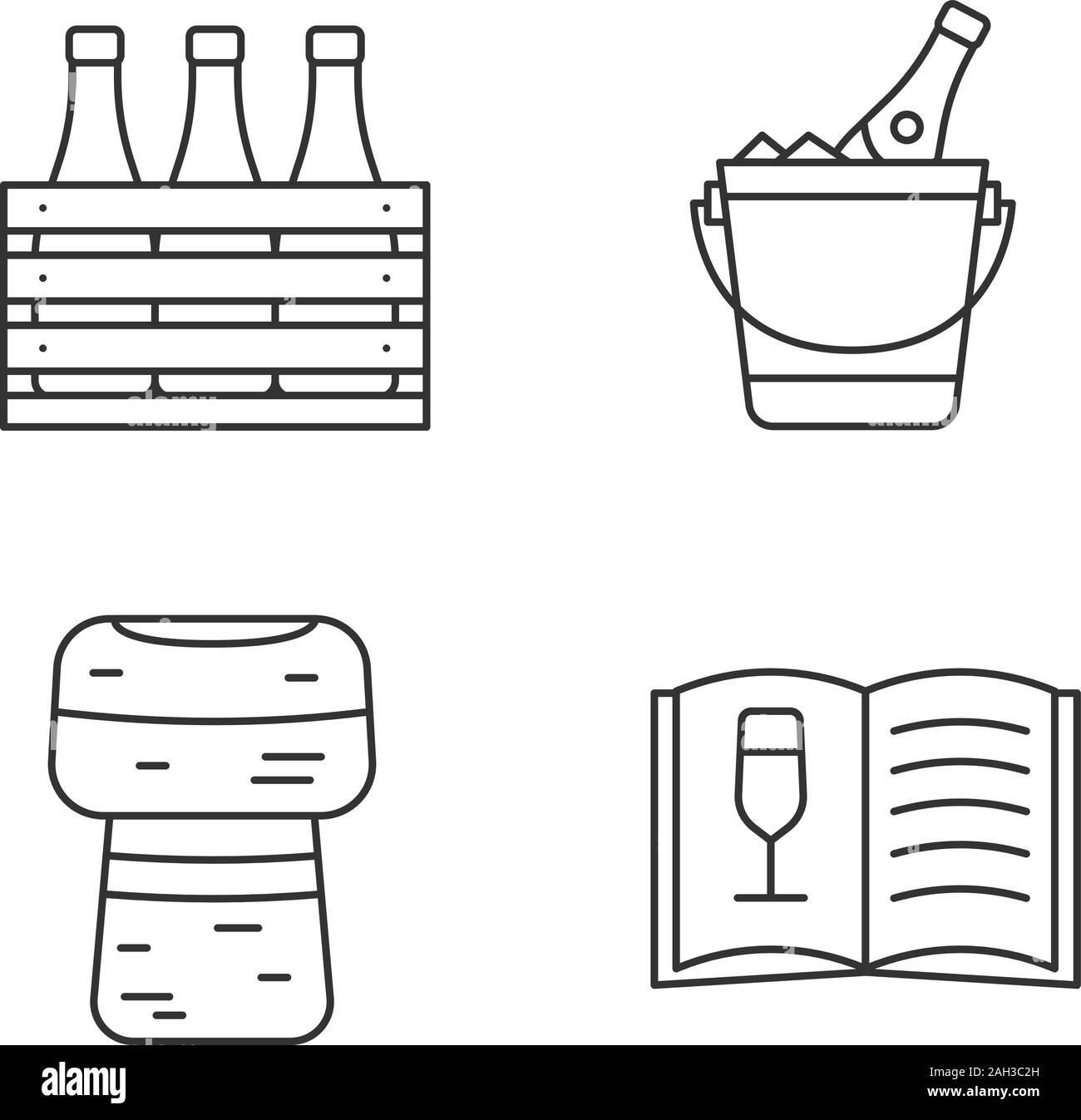 Alkohol lineare Symbole gesetzt. Bar. Wein. Bei Bier, Champagner Schaufel, Kork, Weinkarte. Thin Line Kontur Symbole. Isolierte vektor Kontur Illustrationen. E Stock Vektor