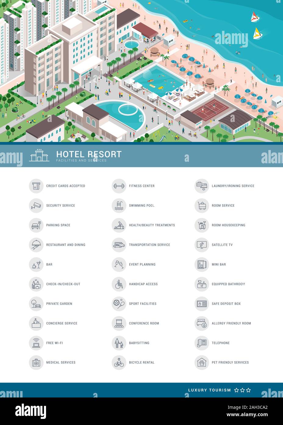 Luxus hotel Symbole gesetzt und isometrische Luftaufnahme des Village Resort mit Menschen, Gebäude, Einrichtungen und Strand, Tourismus und Reisen conce Stock Vektor