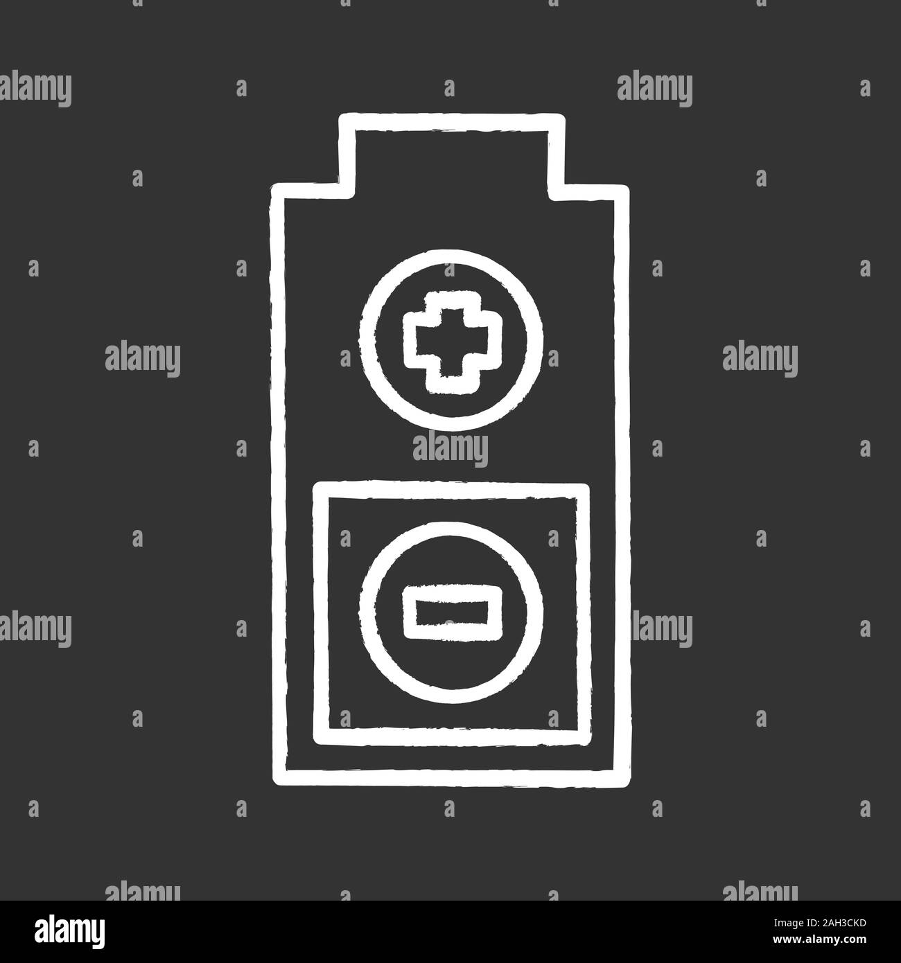 Batterie mit Plus- und Minuszeichen chalk Symbol. Aufladen. Ladezustandsanzeige der Batterien. Isolierte vektor Tafel Abbildungen Stock Vektor