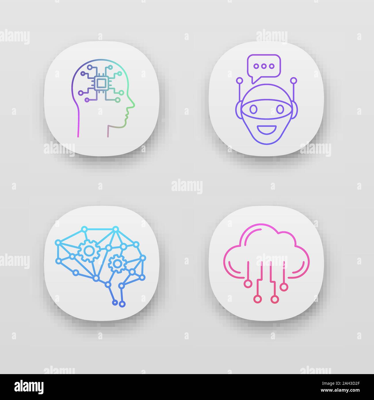 Künstliche Intelligenz App Icons einstellen. UI/UX-Benutzeroberfläche. Neuronales Netz. Neurotechnologie. Chat bot, AI, digitale Gehirn, Cloud Computing. Web oder mob Stock Vektor
