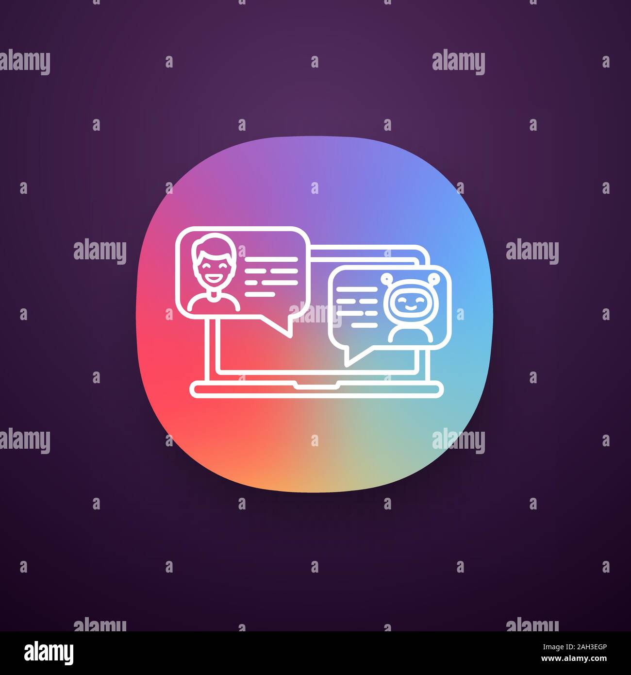 Support chatbot App Symbol. UI/UX-Benutzeroberfläche. Messenger bot. Virtueller Assistent. Moderne Roboter. Mann chatten mit bot auf Laptop. Web oder mobile Anwendungen Stock Vektor