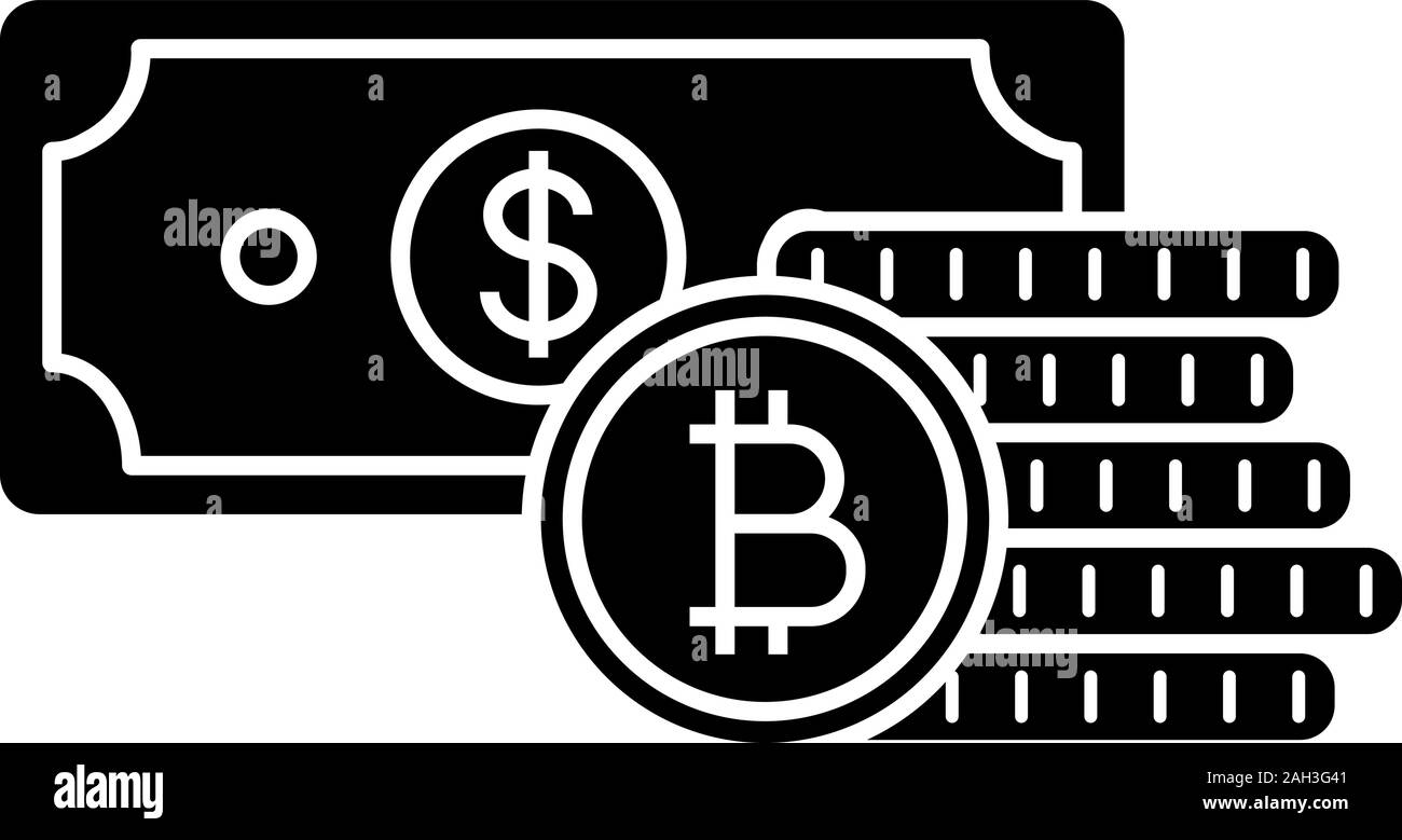Bitcoin Münzen stack und Dollar Banknote glyph Icon. Cryptocurrency Investitionen. Einsparungen. Digitales Geld einzahlen. Silhouette Symbol. Negativer Platz. Vect Stock Vektor