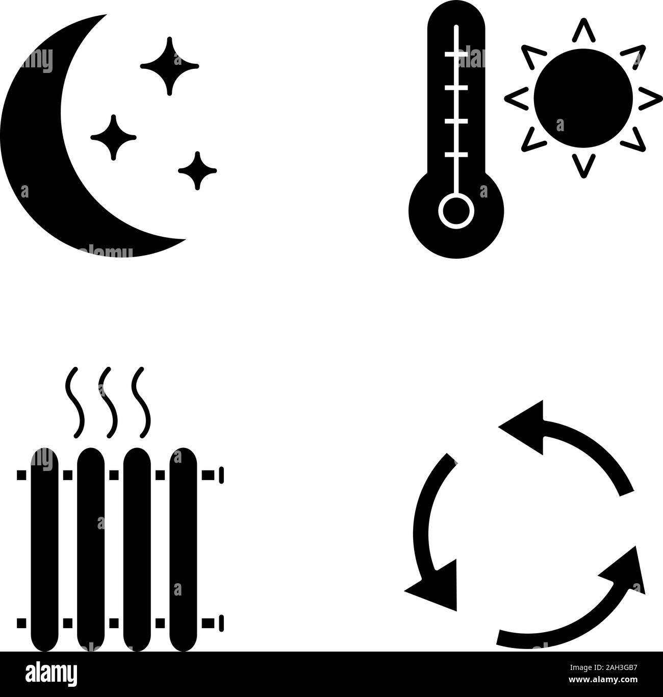 Klimaanlage Glyphe Symbole gesetzt. Nacht Klima, Sommer Temperatur, Kühler, Lüftung. Silhouette Symbole. Vektor isoliert Abbildung Stock Vektor