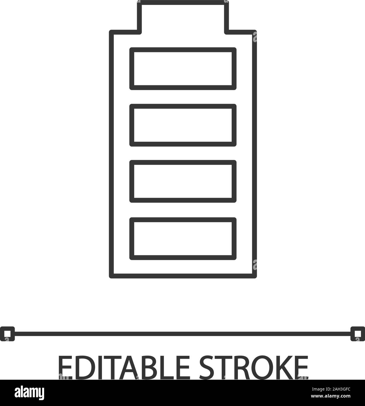 Lineare Symbol Batterie aufgeladen. Laden abgeschlossen. Dünne Linie Abbildung. Ladezustandsanzeige der Batterien. Kontur Symbol. Vektor isoliert Umrisse zeichnen. Stock Vektor