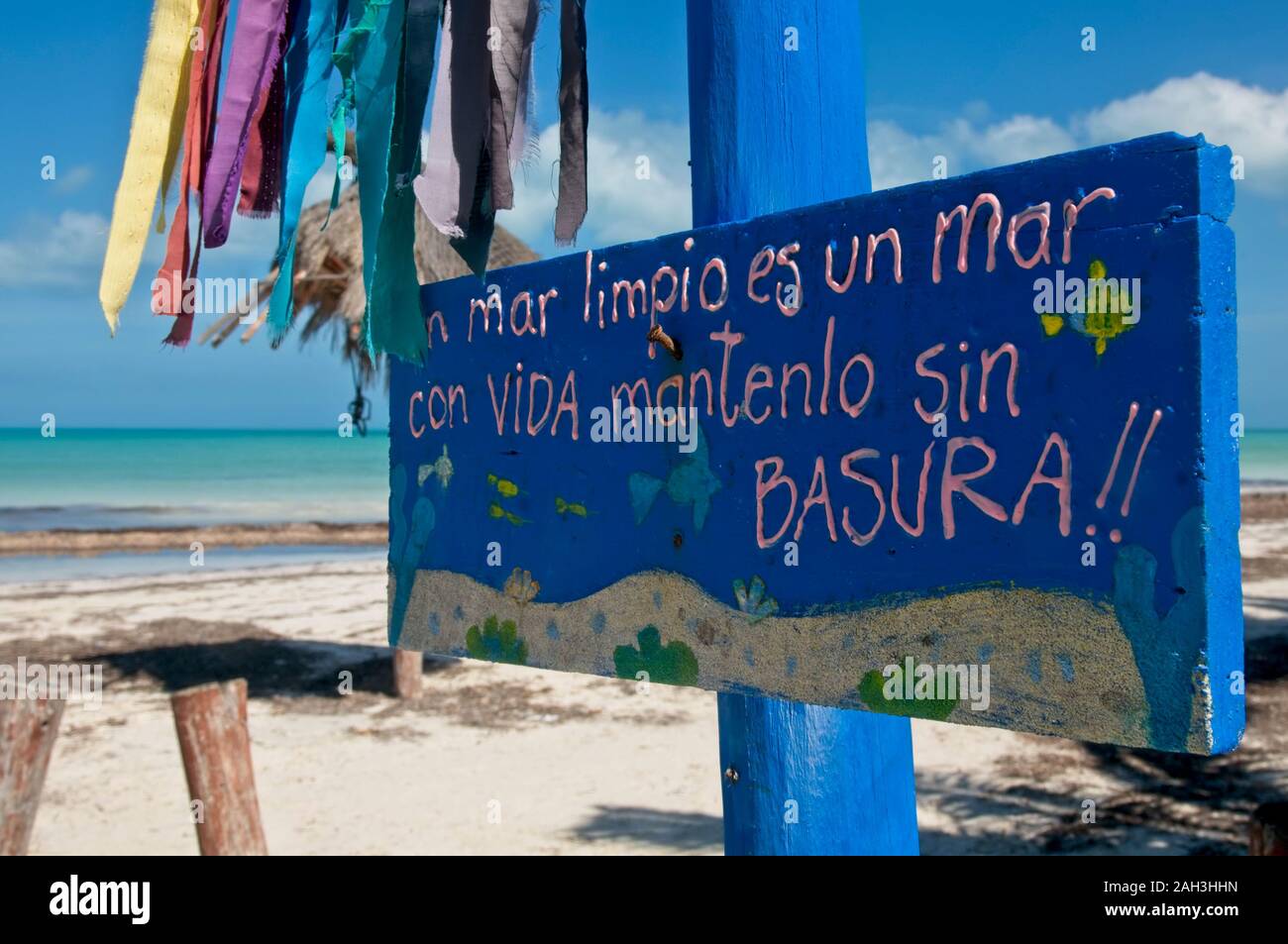 Holbox - Mexiko - November 2019: Ein sauberes Meer ist ein Meer mit Leben, bewahren Sie es ohne Müll auf. Ökologischer Wegweiser zum Schutz des Meeres und der Strände Stockfoto