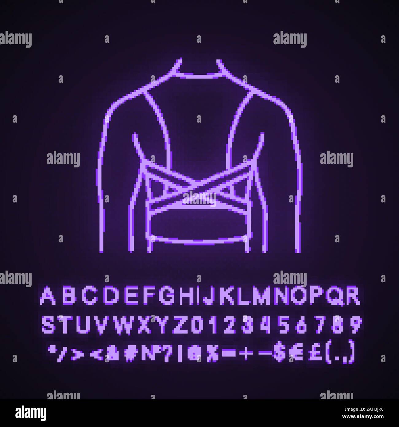 Haltung corrector Neonlicht Symbol. Zurück Klammer. Zurück zu unterstützen. Leuchtende Zeichen mit Alphabet, Zahlen, Symbole. Haltung Stützstrebe. Kyphose, Lordose, Stock Vektor
