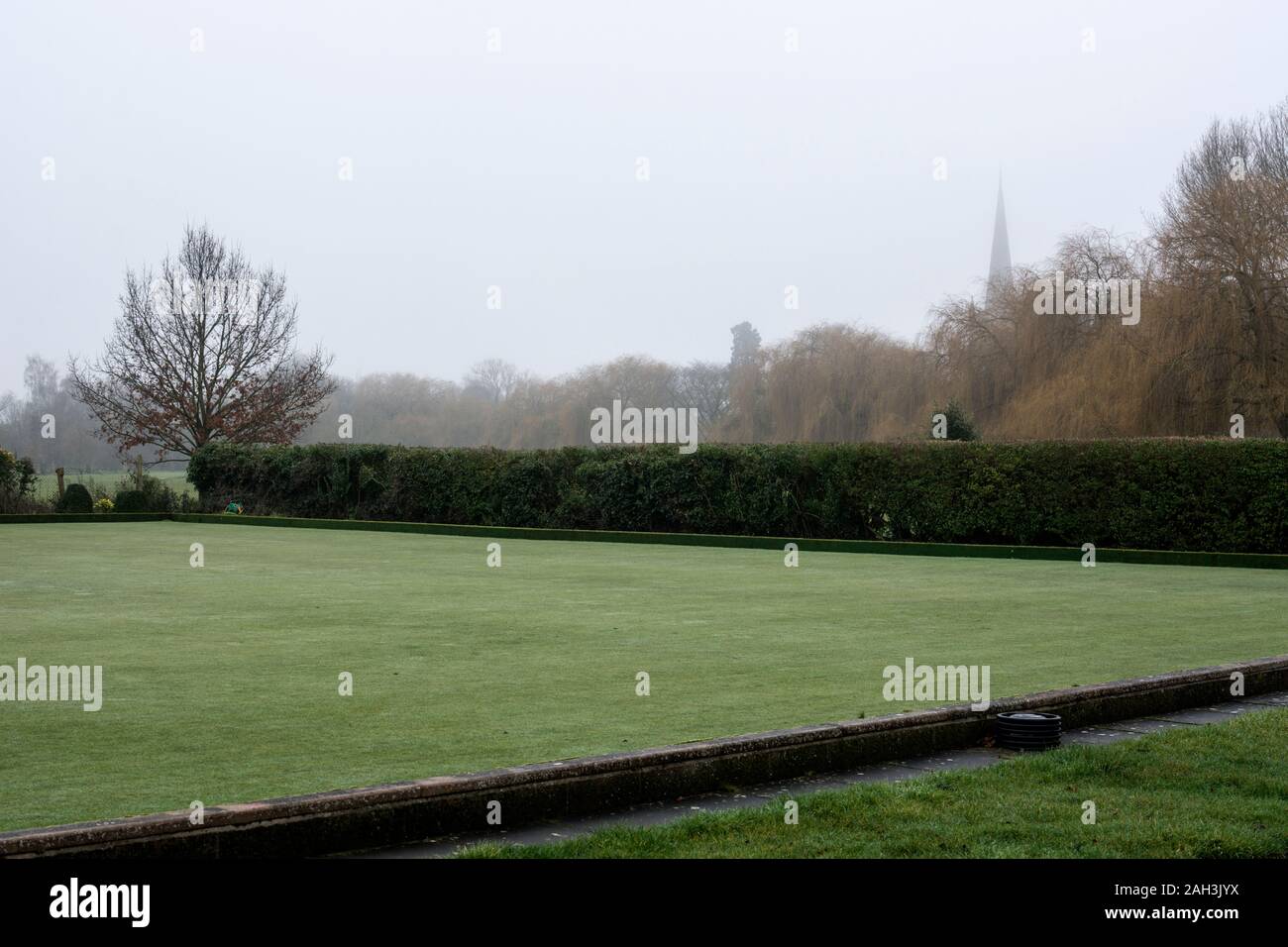 Ein bowling green im Winter, Stratford-upon-Avon, Warwickshire, England, Großbritannien Stockfoto