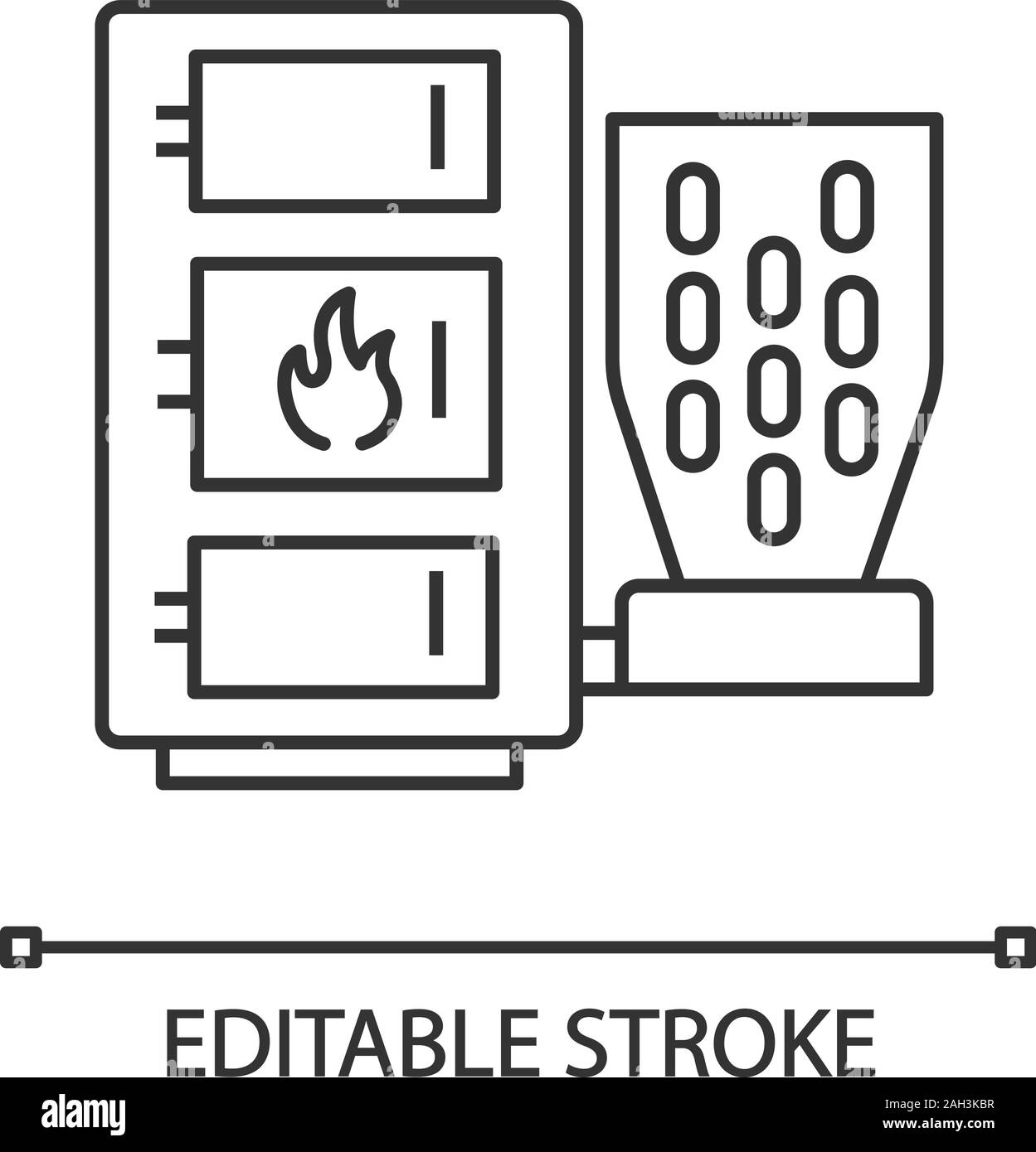 Pelletkessel lineare Symbol. Zentralheizung. Dünne Linie Abbildung. Festbrennstoffkessel. Pelletheizung System mit drei Kammern. Kontur Symbol Stock Vektor
