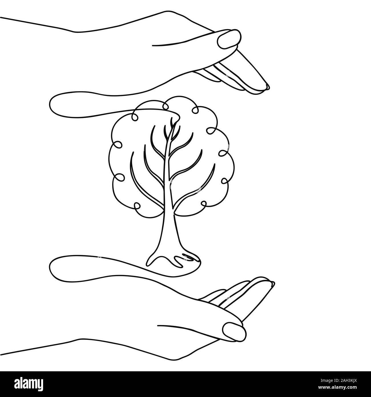 Menschliche Hände schützen den Baum. Die Zeichnung wird durch eine durchgehende Linie. Isolierte Lager Vector Illustration. Stock Vektor