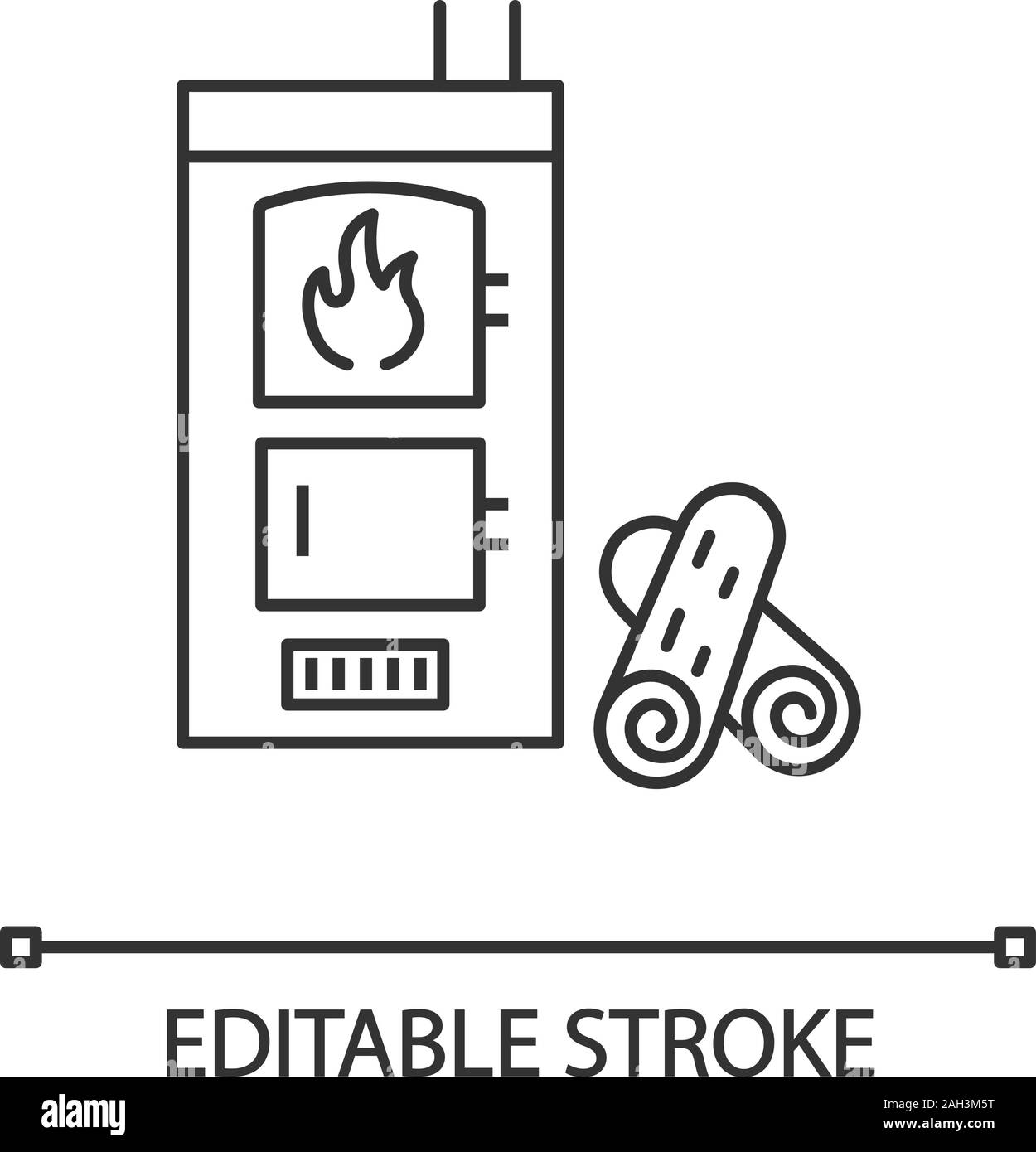 Festbrennstoffkessel lineare Symbol. Haus Zentralheizung. Dünne Linie Abbildung. Brennholz Kessel mit zwei Kammern. Heizung. Kontur Symbol. Vektor Stock Vektor