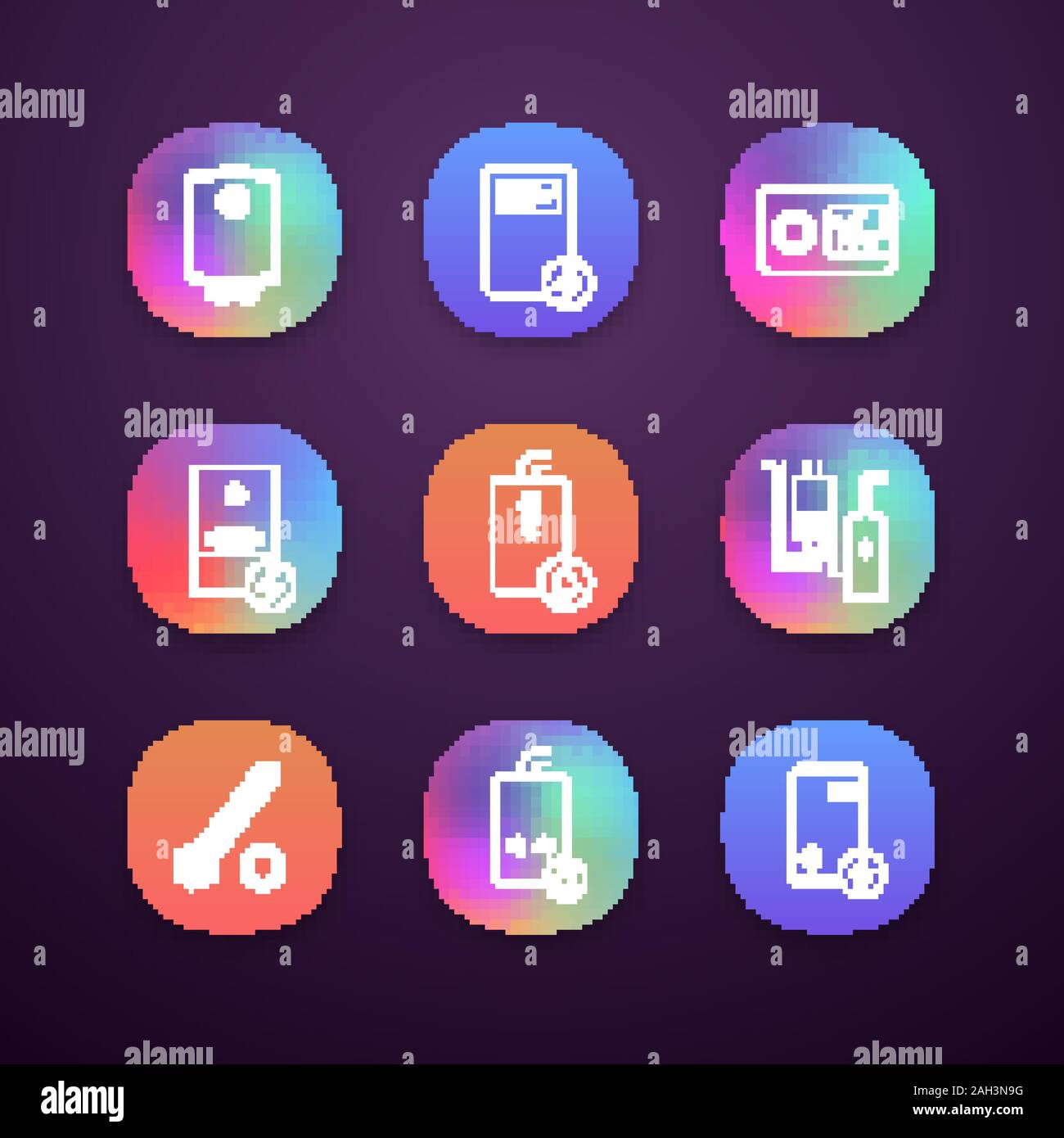 Heizung App Icons einstellen. Heizkessel, Heizkörper, Thermostat, Heizraum. Gas und elektrische Warmwasserbereiter. Kommerziellen, industriellen und häuslichen Zentralheizung s Stock Vektor