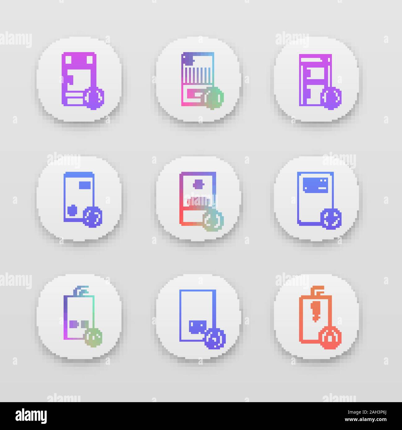 Heizung App Icons einstellen. Gas-, Elektro-, feste Brennstoffe, Heizkessel und Warmwasserbereiter. Kommerziellen, industriellen und häuslichen Zentralheizungsanlagen. UI/UX Benutzer in Stock Vektor
