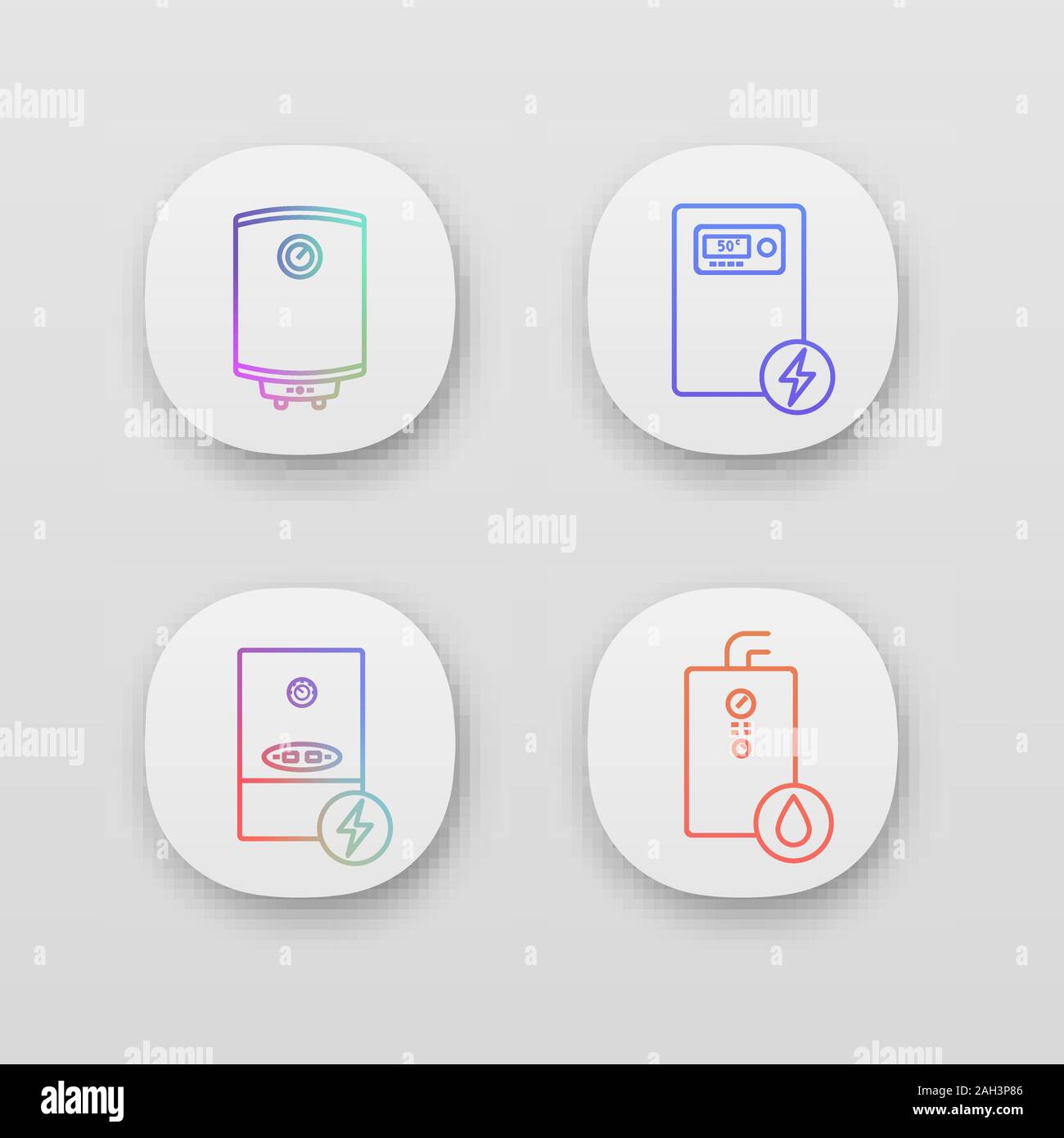Heizung App Icons einstellen. UI/UX-Benutzeroberfläche. Zentralheizung. Strom und Gas Wasser Heizung und Heizkessel. Web oder mobile Anwendungen. Ve Stock Vektor