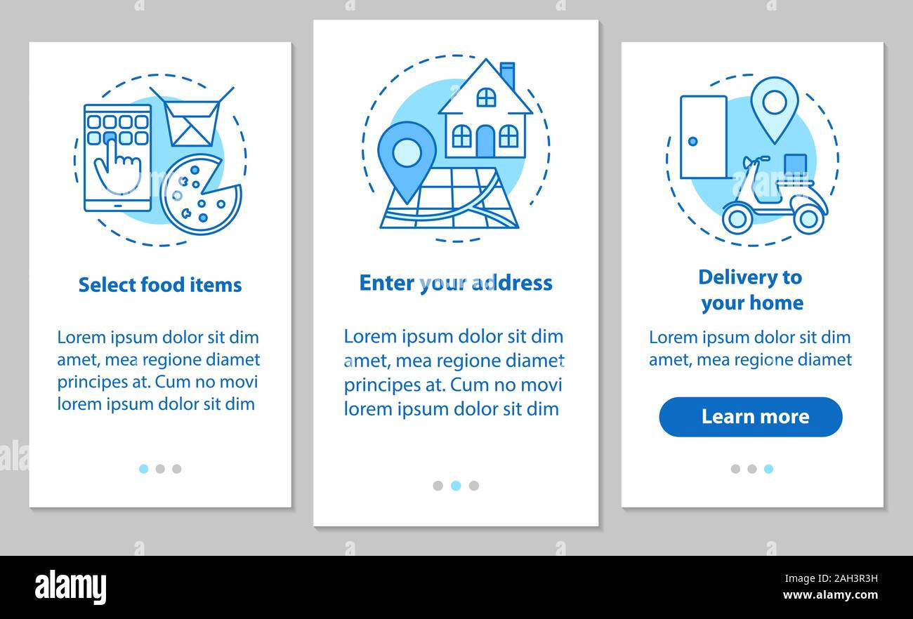 Essen Lieferung Onboarding mobile App Seite Bildschirm mit linearen Konzepten. Schritte befolgen. Online Essen bestellen. Elemente auswählen, Adresse, de Stock Vektor
