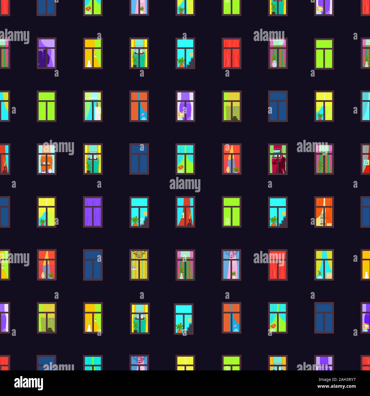 Beleuchtete Fenster in der Fassade eines großen Wohnhauses, nahtlose Muster, Nacht panorama Parkhaus City House. Mehrfarbige Licht Fenster mit Stock Vektor