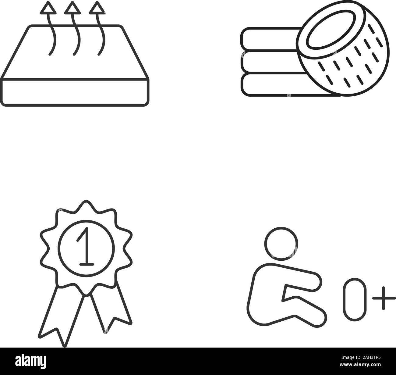 Orthopädische Matratze lineare Symbole gesetzt. Atmungsaktives Material für Neugeborene, Kokos Matratze erlaubt, award-Medaille. Thin Line Kontur Symbole. Isolat Stock Vektor