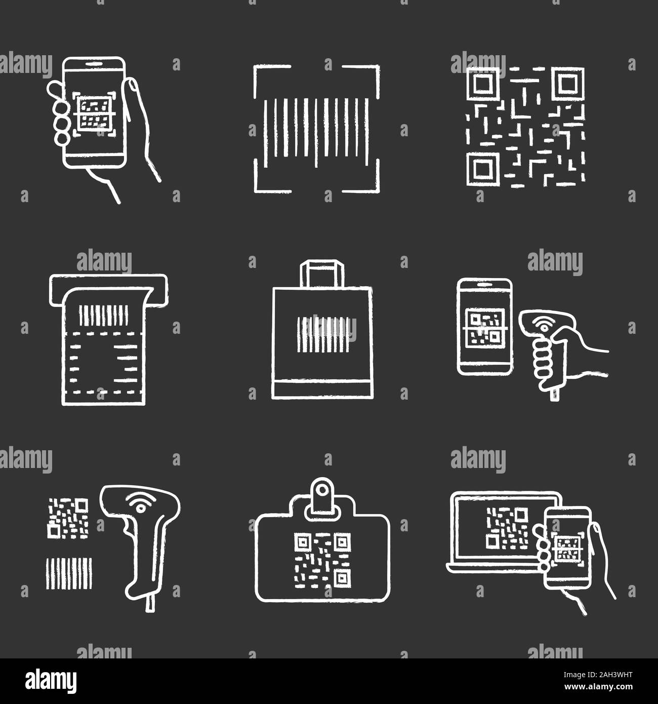 Barcodes chalk Symbole gesetzt. Smartphone Scannen von Barcodes app, linearen Codes, QR-Code, ATM Geldeingang, Shopping Bag, Handheld Barcode Reader, ID-Badge. Ich Stock Vektor