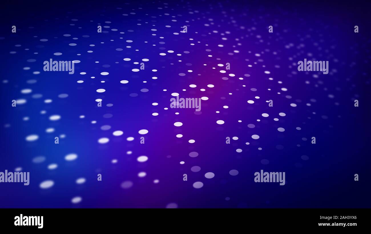 Weißes Punktmuster mit abnehmender Perspektive auf einem weichen dunkelblauen und violetten Farbverlaufshintergrund in 4k-Auflösung. Stockfoto