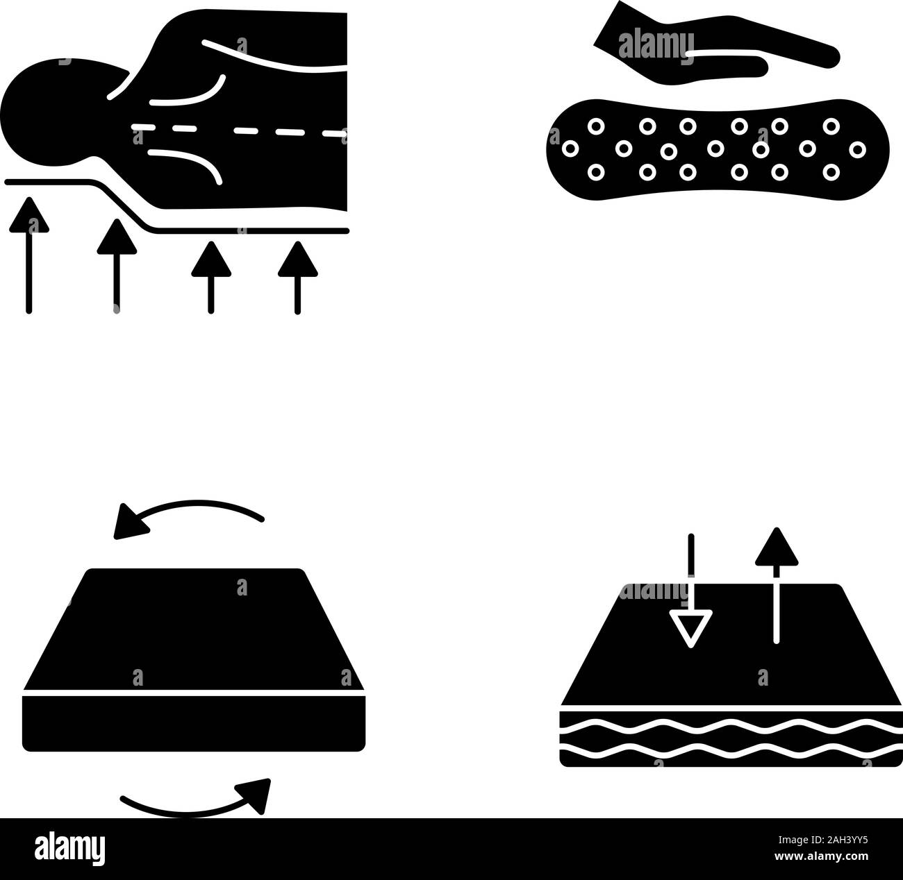 Orthopädische Matratze Glyphe Symbole gesetzt. Zurück support, Material Latex, dual Saison Matratze, atmungsaktiv. Silhouette Symbole. Vektor isoliert illustr Stock Vektor