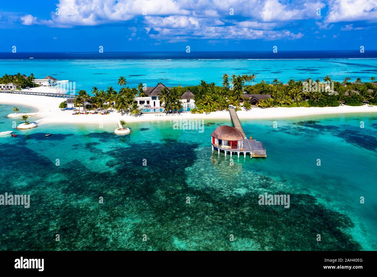 Malediven, Süd Male Atoll Kaafu Atoll, Luftaufnahme von Resorts Stockfoto