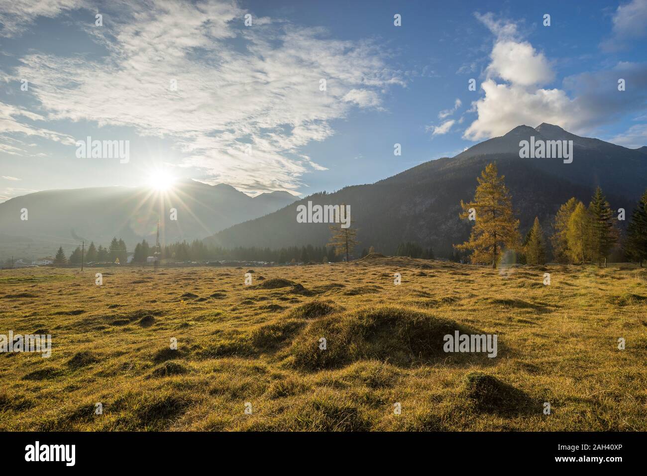 Österreich, Tirol, Ehrwald, Grasbewachsenen Gelände vor mieming Angebot bei Sonnenuntergang Stockfoto