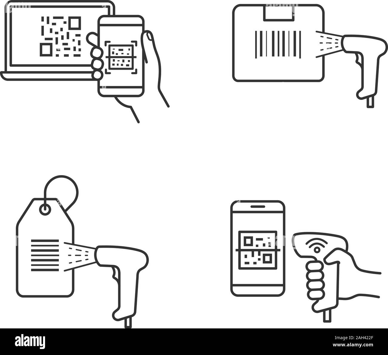 Barcodes lineare Symbole gesetzt. Smartphone Barcode scannen, Scannen von Barcodes, Tag hängen, Handheld QR-Code scanner. Thin Line Kontur Symbole. Iso Stock Vektor