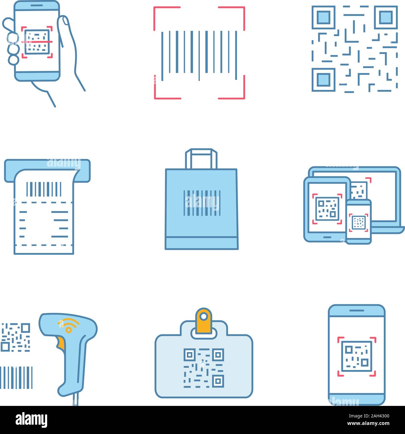 Barcodes farbige Symbole gesetzt. Smartphone Scannen von Barcodes app, linear, QR-Codes, ATM Geldeingang, Shopping Bag, Handheld Barcode Scanner, ID-Karte. Isola Stock Vektor