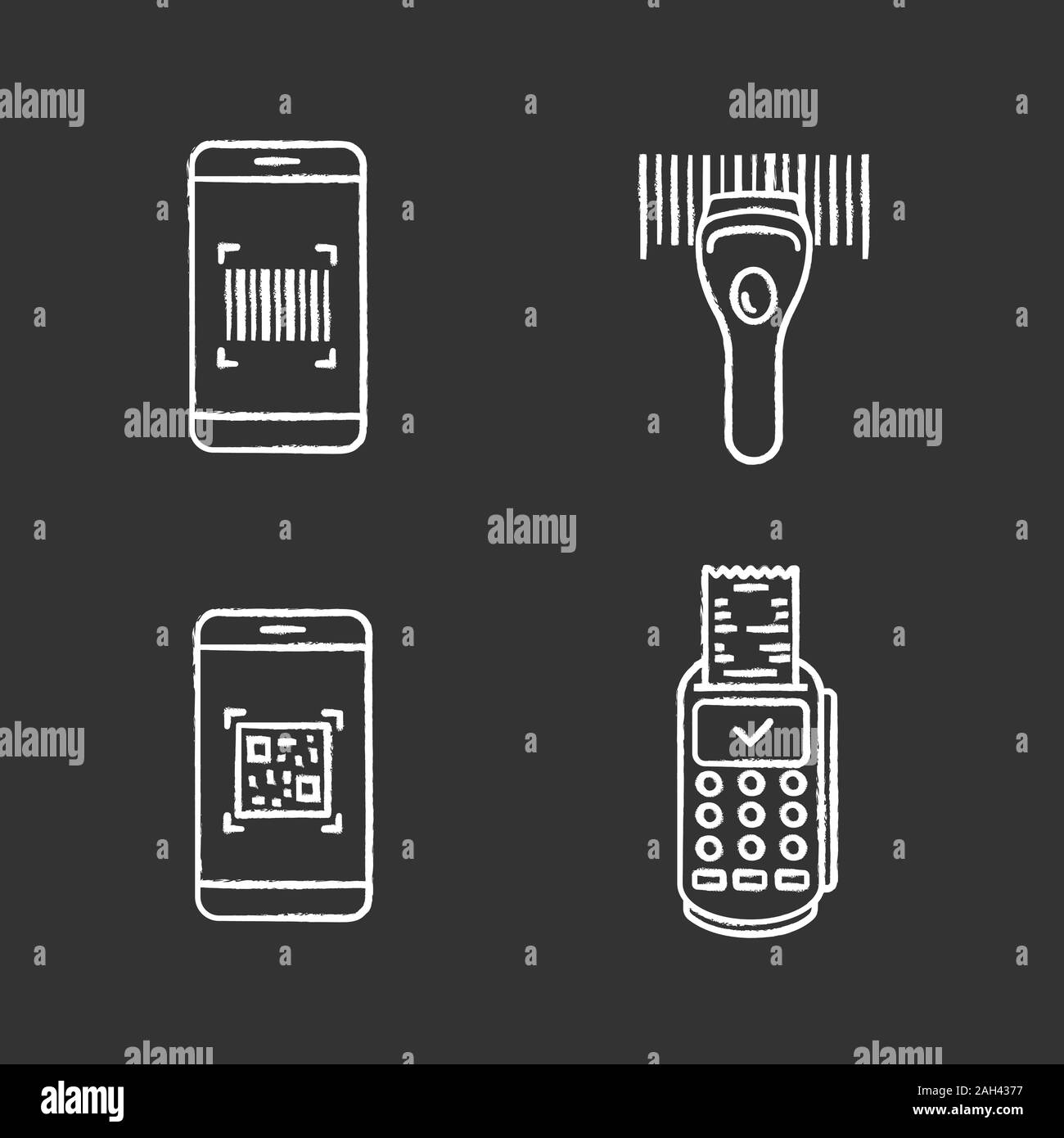 Barcodes chalk Symbole gesetzt. Smartphone Barcode Scanner, lineare Code Reader, Scannen app, Payment Terminal Empfang. Isolierte vektor Schiefertafel Lllustrat Stock Vektor