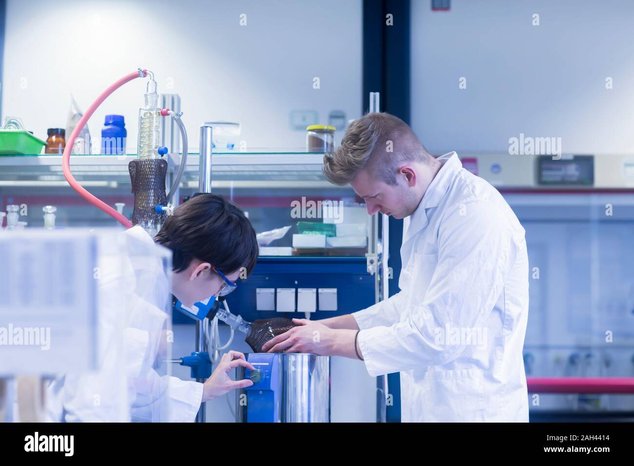 Weibliche und männliche Labortechniker zusammen in einem Labor arbeiten Stockfoto