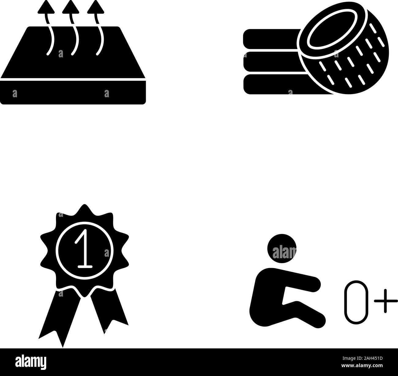 Orthopädische Matratze Glyphe Symbole gesetzt. Atmungsaktives Material für Neugeborene, Kokos Matratze erlaubt, award-Medaille. Silhouette Symbole. Vektor isolieren Stock Vektor