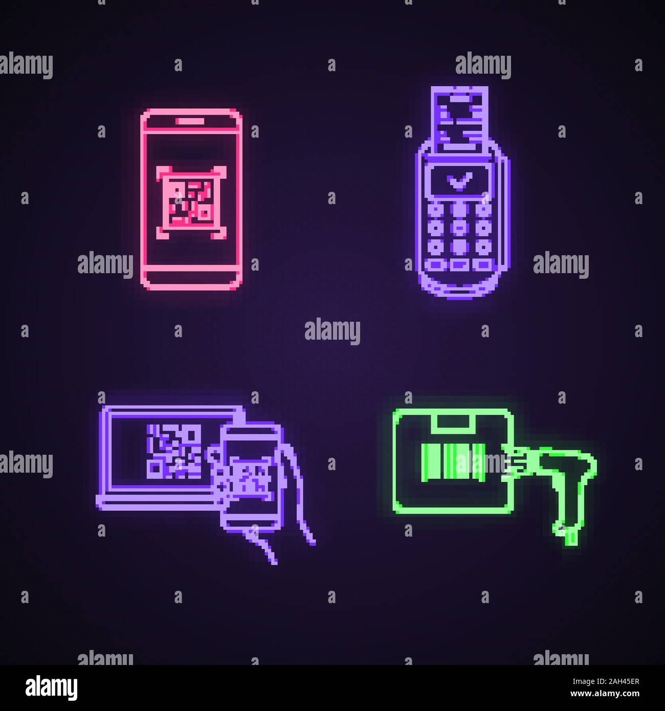 Barcodes Neon Licht Symbole gesetzt. Smartphone App QR-Code scanner, Payment Terminal Geldeingang, Paket Barcode scannen. Leuchtende Zeichen. Vektor isoliert Stock Vektor