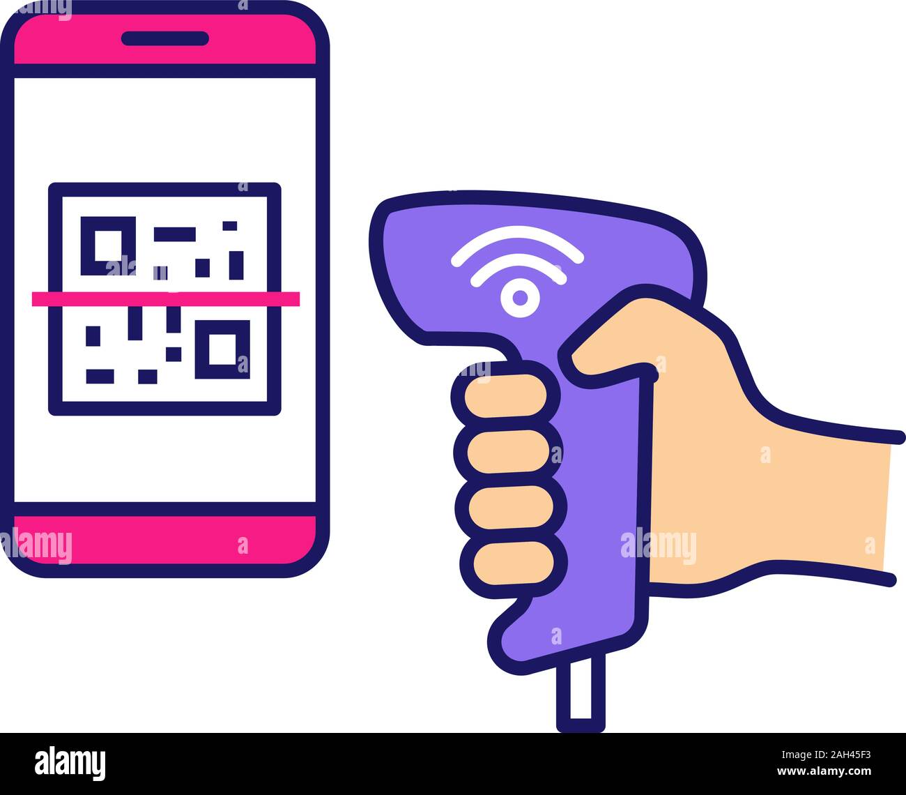 Zahlung mit QR-Code scanner Scannen Farbe Symbol auf dem Telefondisplay. Wlan 2D Barcode Leser. Drahtlose QR-Code Barcode scannen. Handheld matrix Barcodes sca Stock Vektor