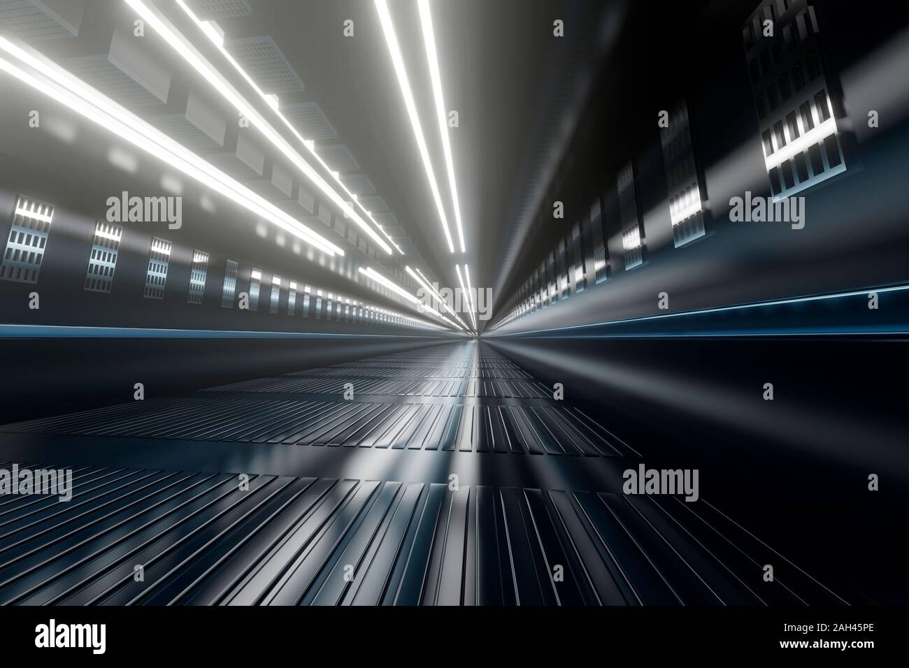 Dreidimensionales Rendern der hell beleuchteten Korridor der Industrieanlage Stockfoto