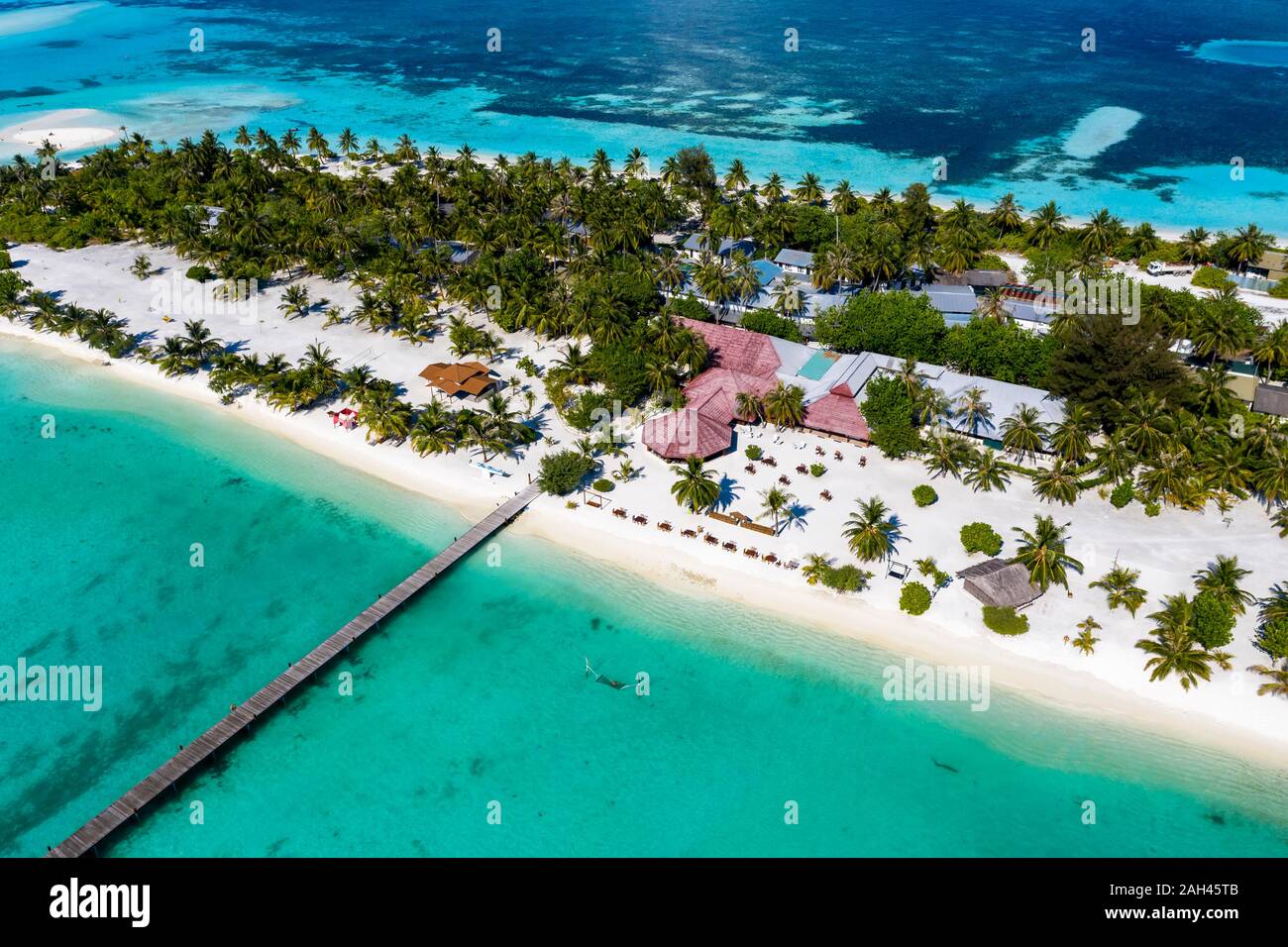 Malediven, Süd Male Atoll Kaafu Atoll, Luftaufnahme von Resort auf Fun Island Lagune Stockfoto